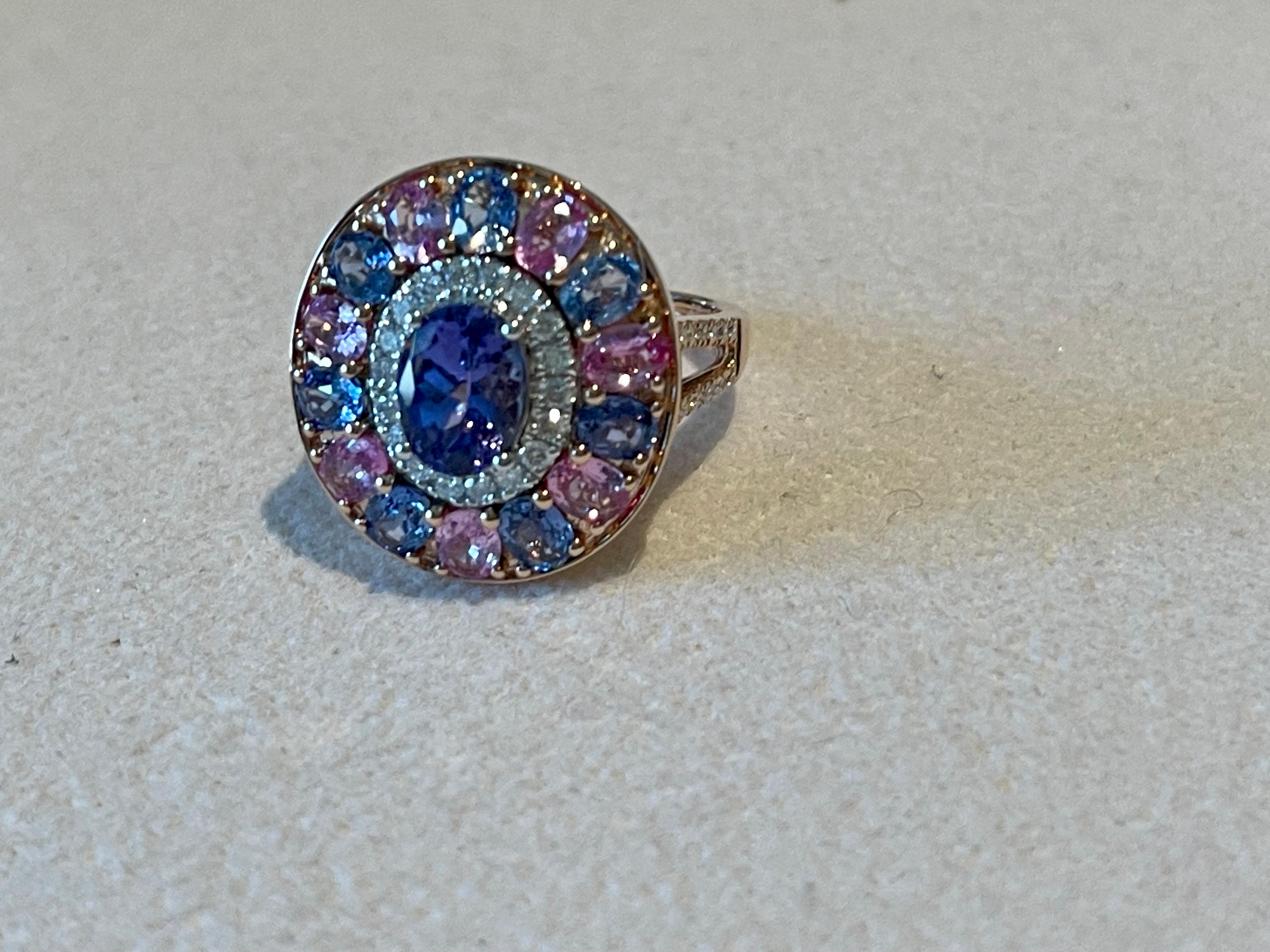 18 K  Rose Gold Cluster Ring Tanzanite Pink Sappire Blue Sapphire Diamond For Sale 3