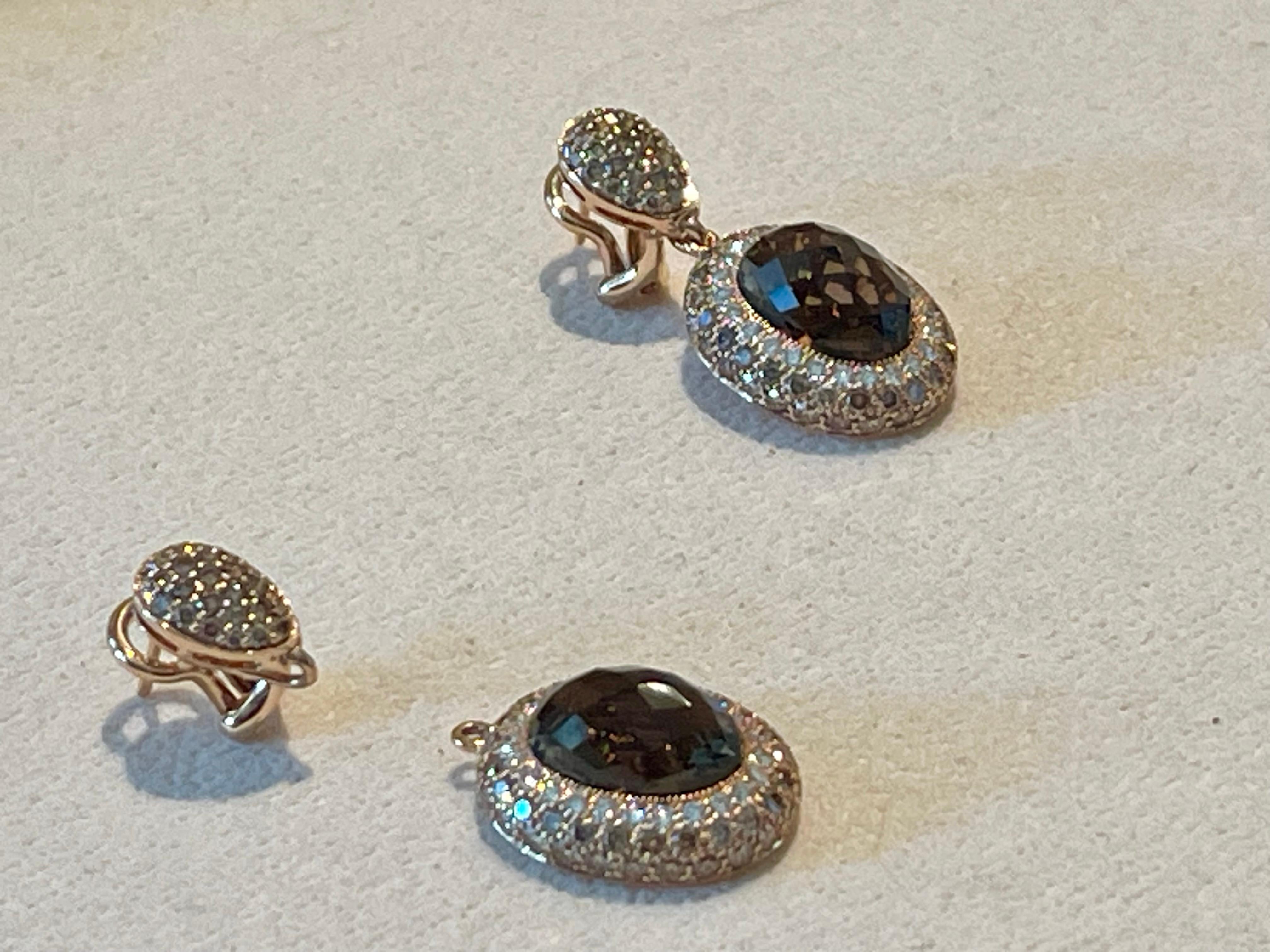 Orecchini a goccia staccabili in oro rosa 18 K. Qartz fumé Champagne Diamanti bianchi in vendita 6