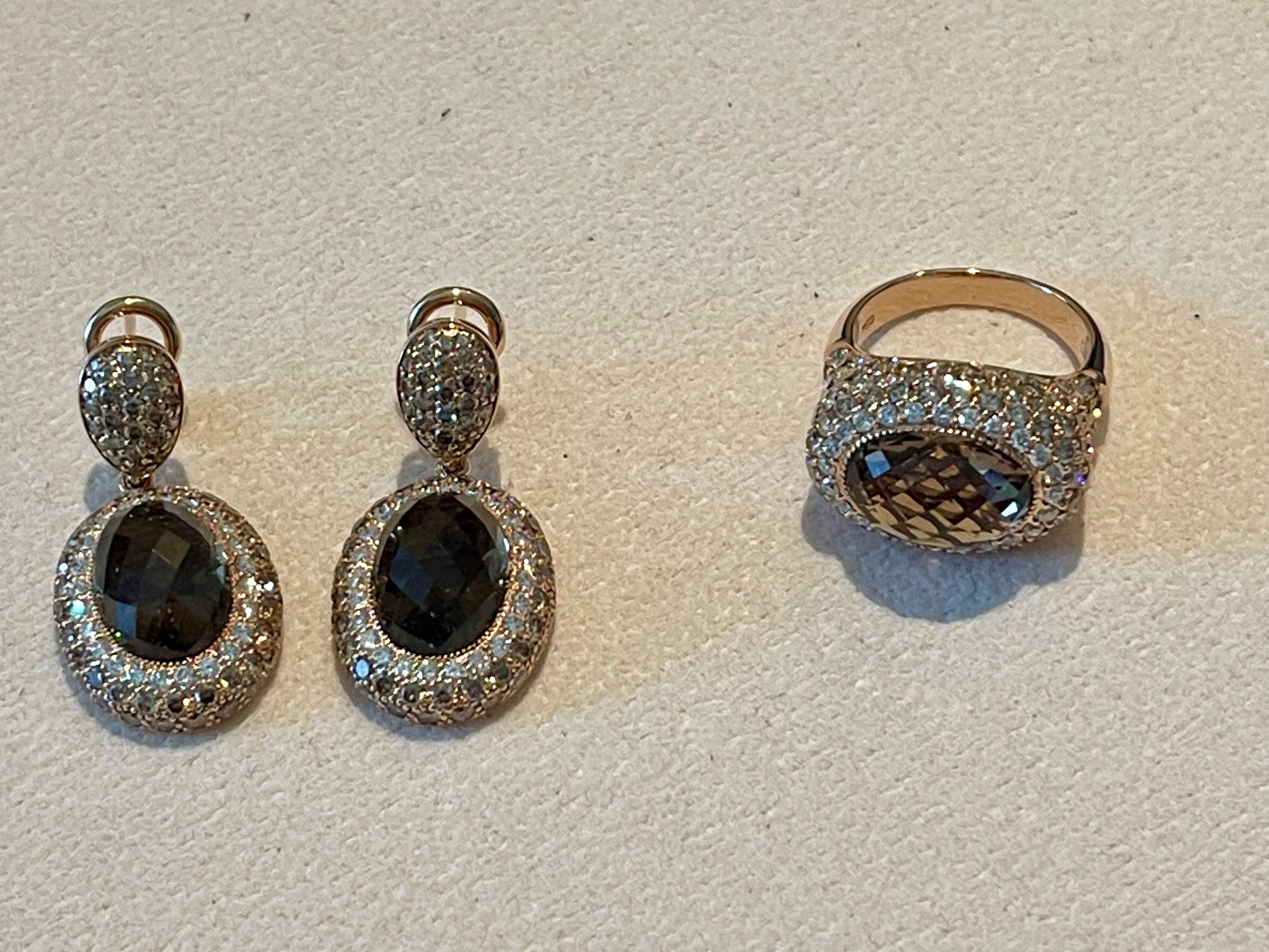 Orecchini a goccia staccabili in oro rosa 18 K. Qartz fumé Champagne Diamanti bianchi in vendita 11