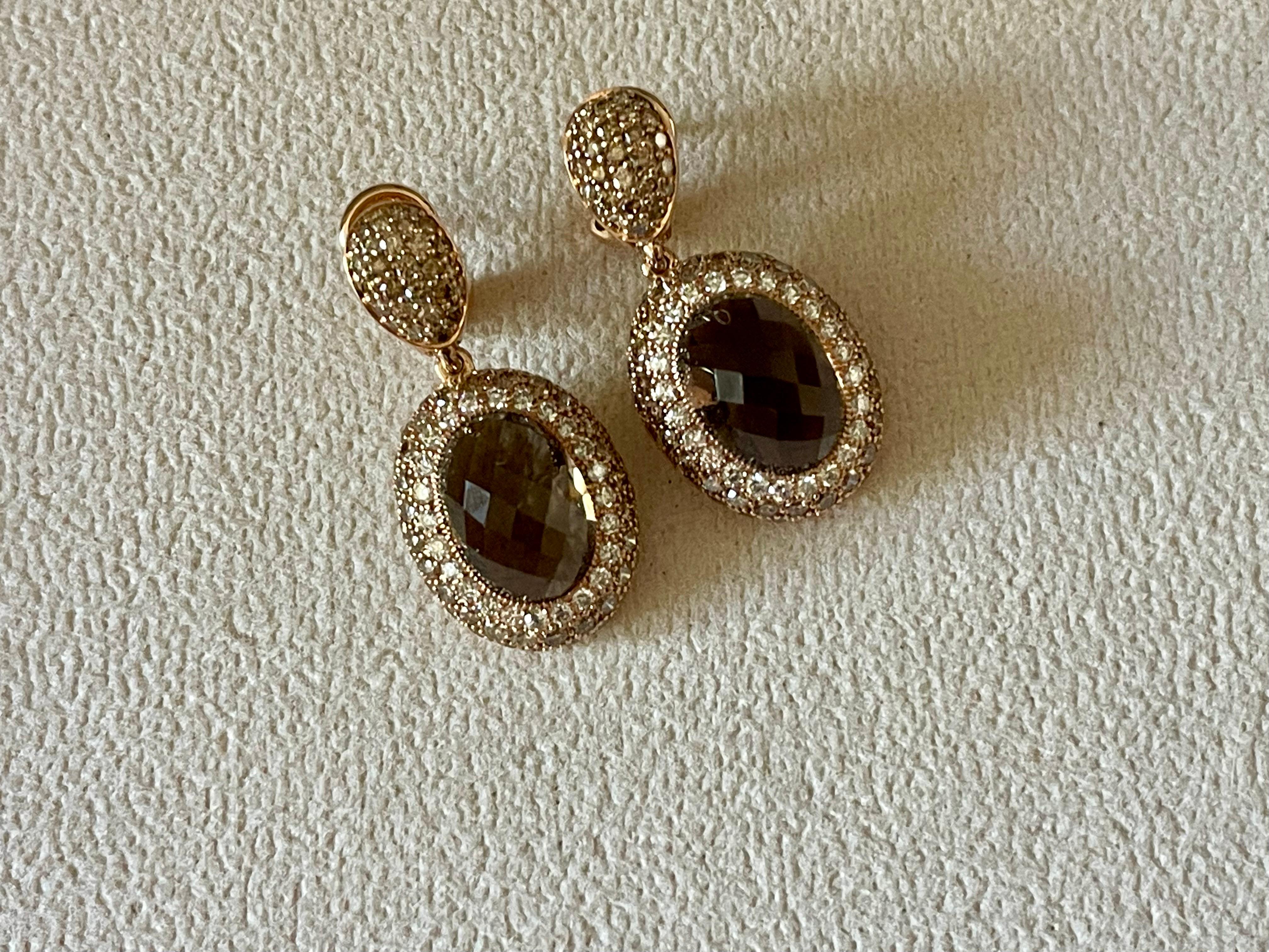 Taglio brillante Orecchini a goccia staccabili in oro rosa 18 K. Qartz fumé Champagne Diamanti bianchi in vendita
