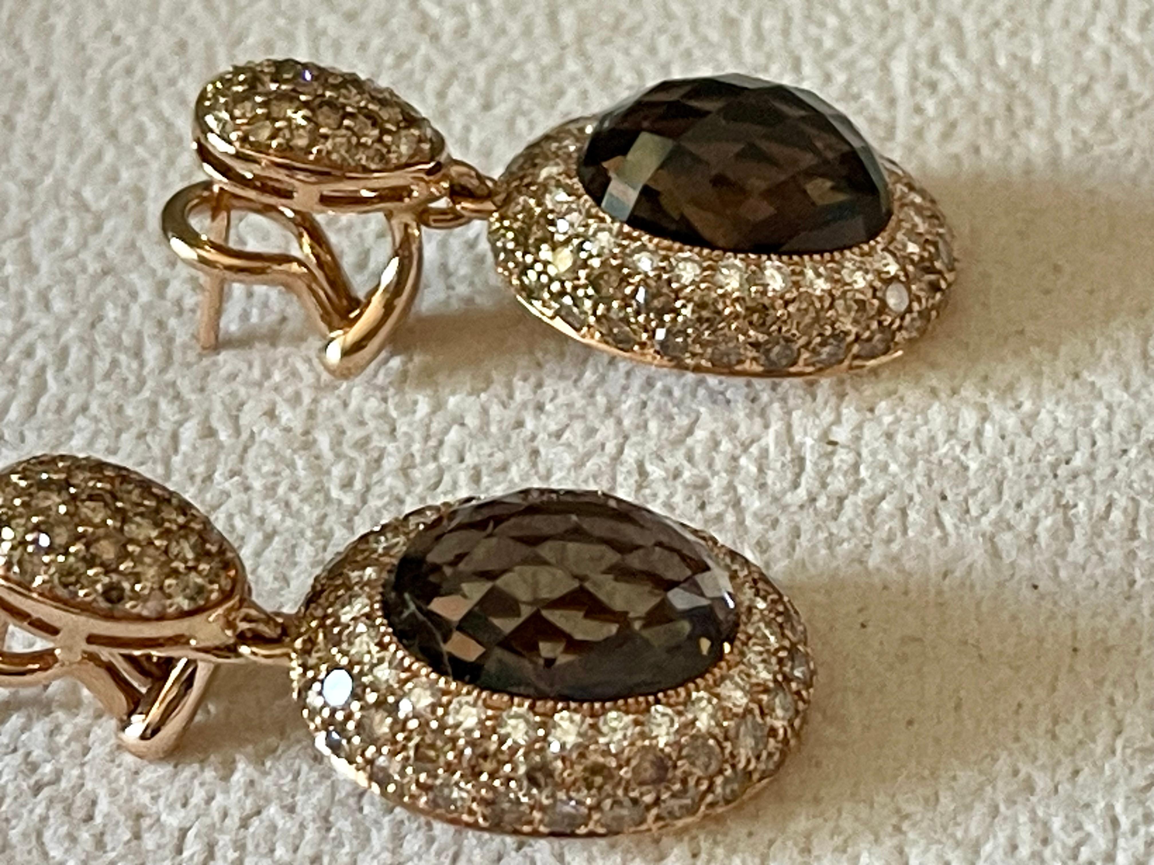 Donna Orecchini a goccia staccabili in oro rosa 18 K. Qartz fumé Champagne Diamanti bianchi in vendita