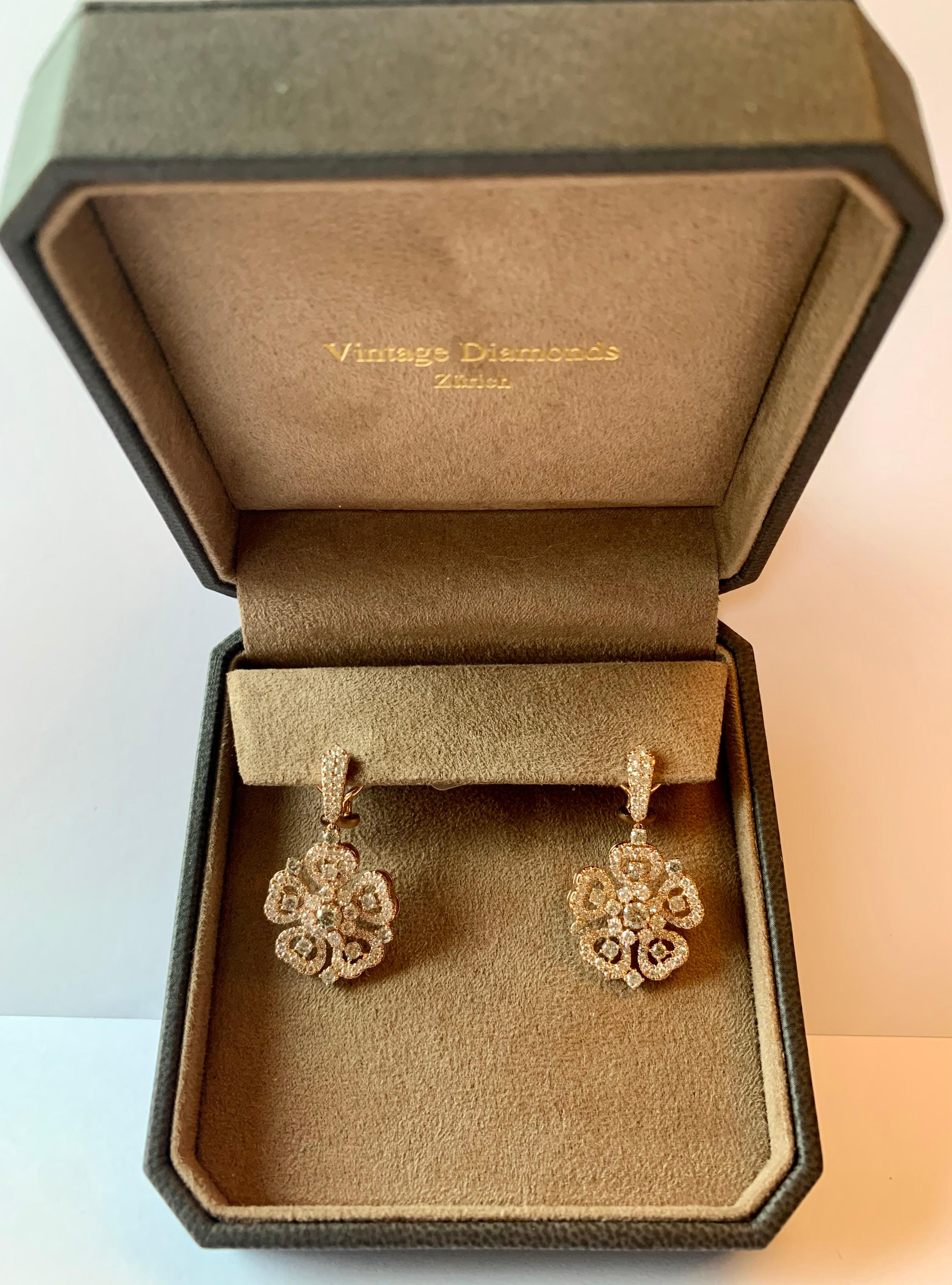 18 K Rose Gold Diamond Flower Dangle Earrings 4