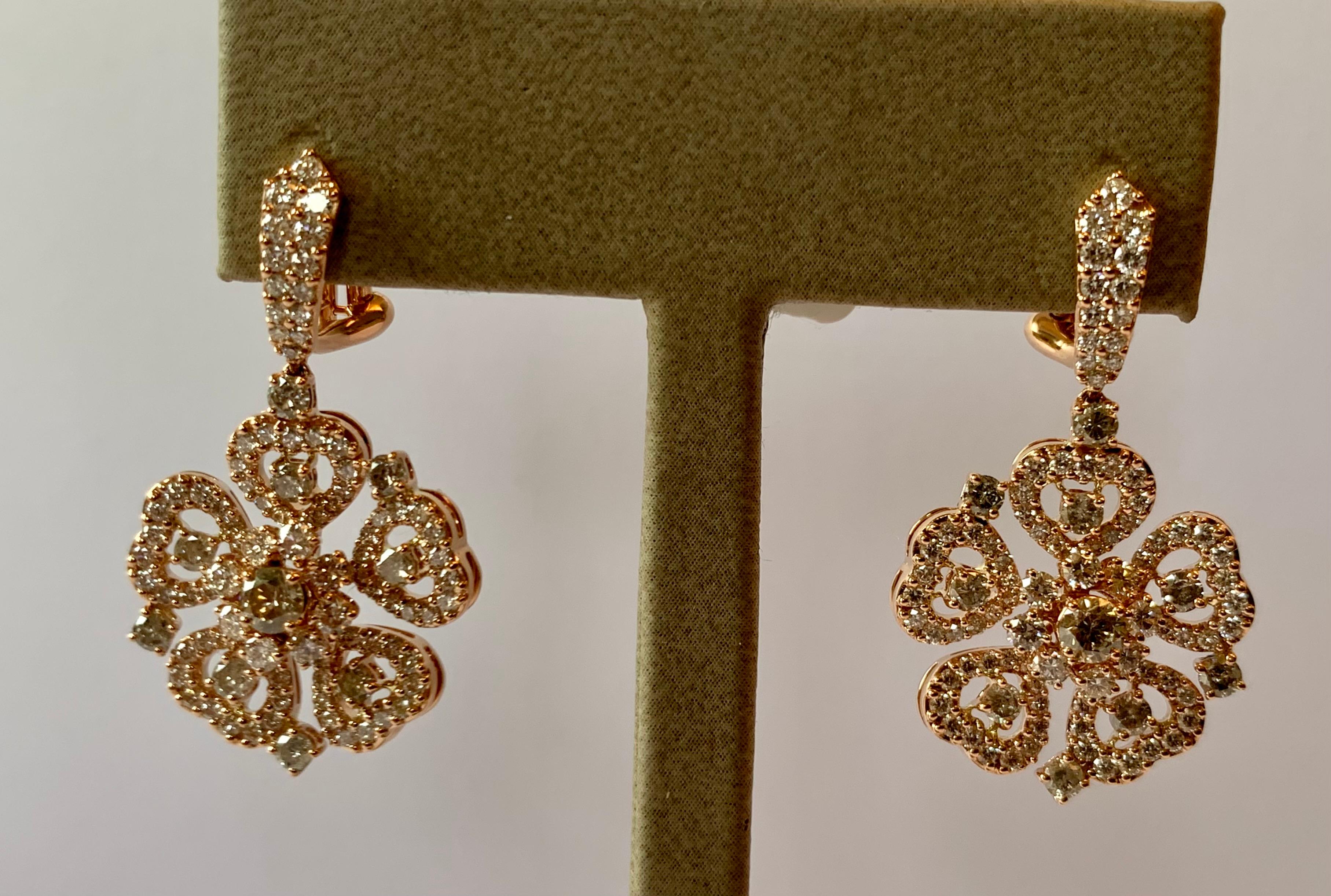 Contemporary 18 K Rose Gold Diamond Flower Dangle Earrings