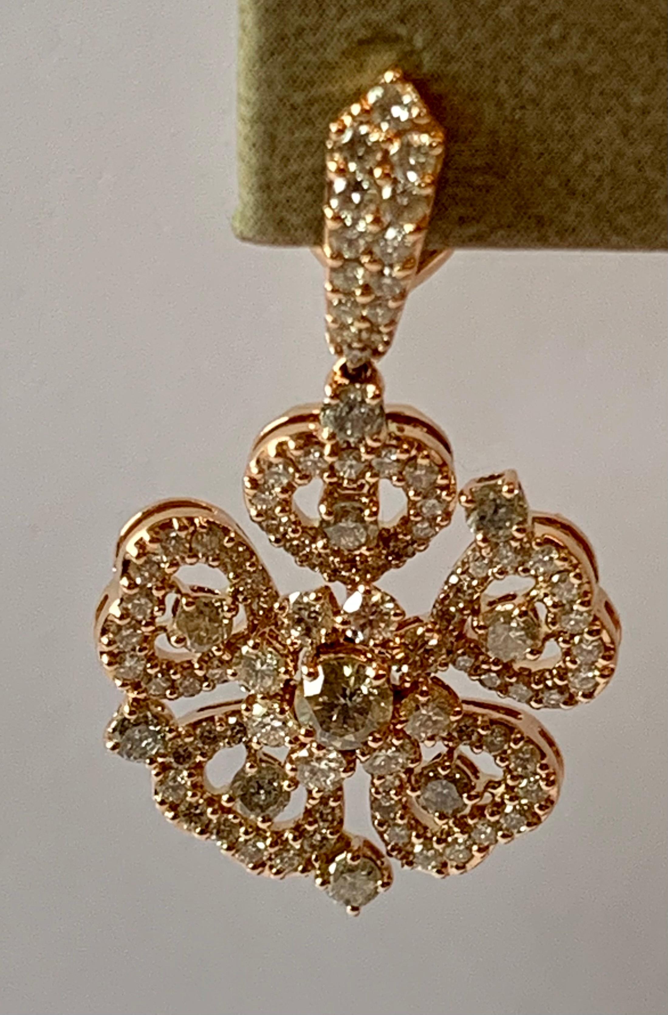 Brilliant Cut 18 K Rose Gold Diamond Flower Dangle Earrings