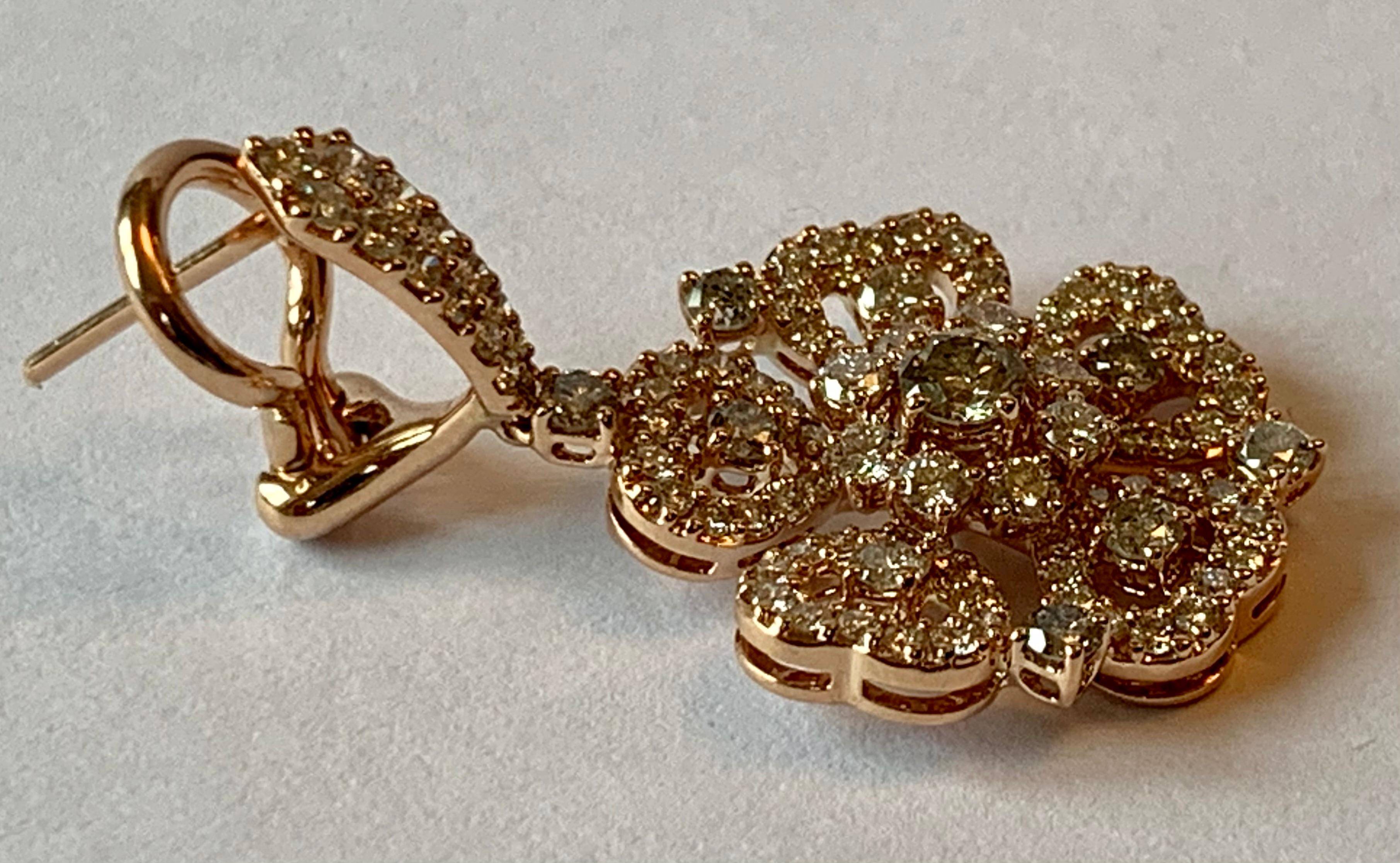 Women's or Men's 18 K Rose Gold Diamond Flower Dangle Earrings