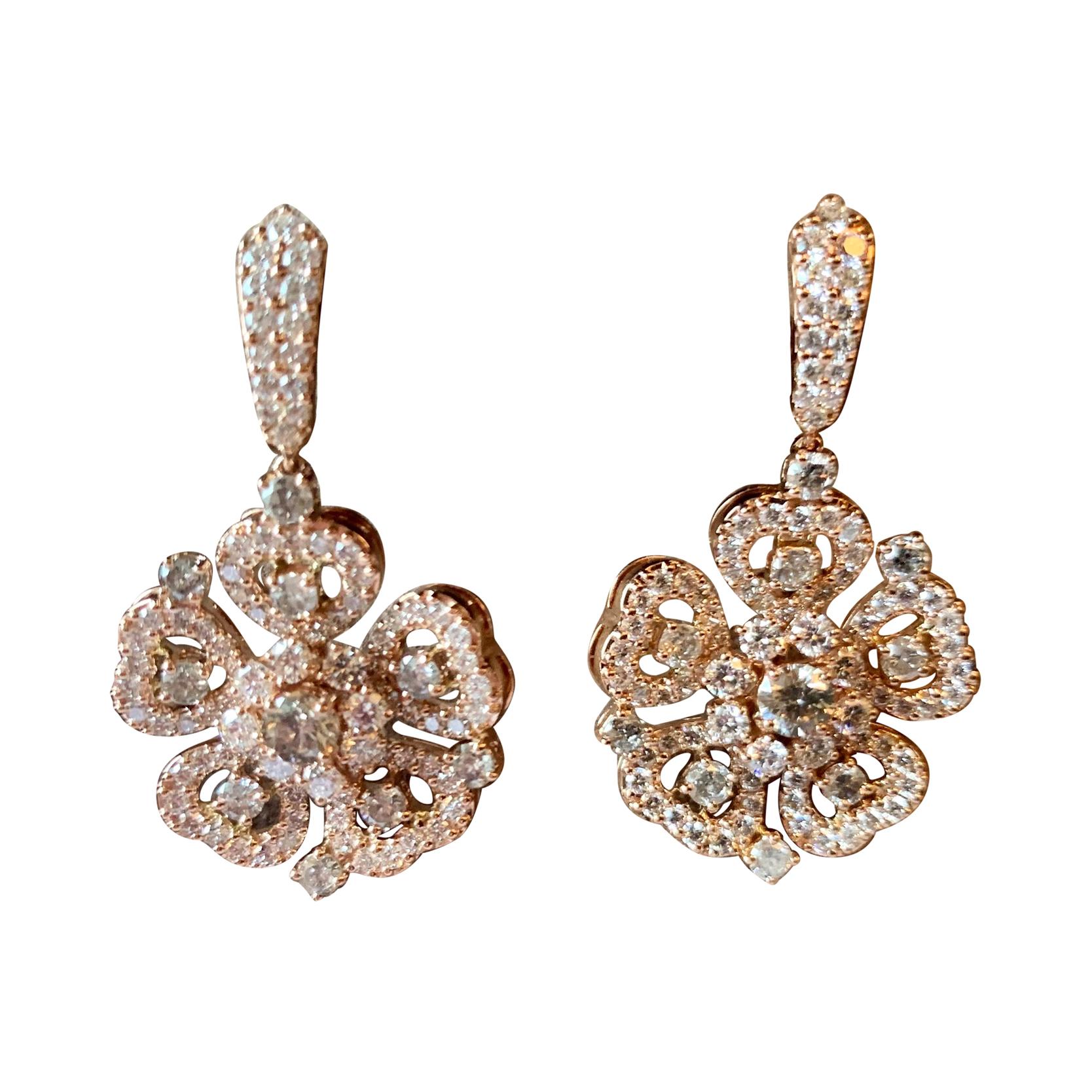 18 K Rose Gold Diamond Flower Dangle Earrings