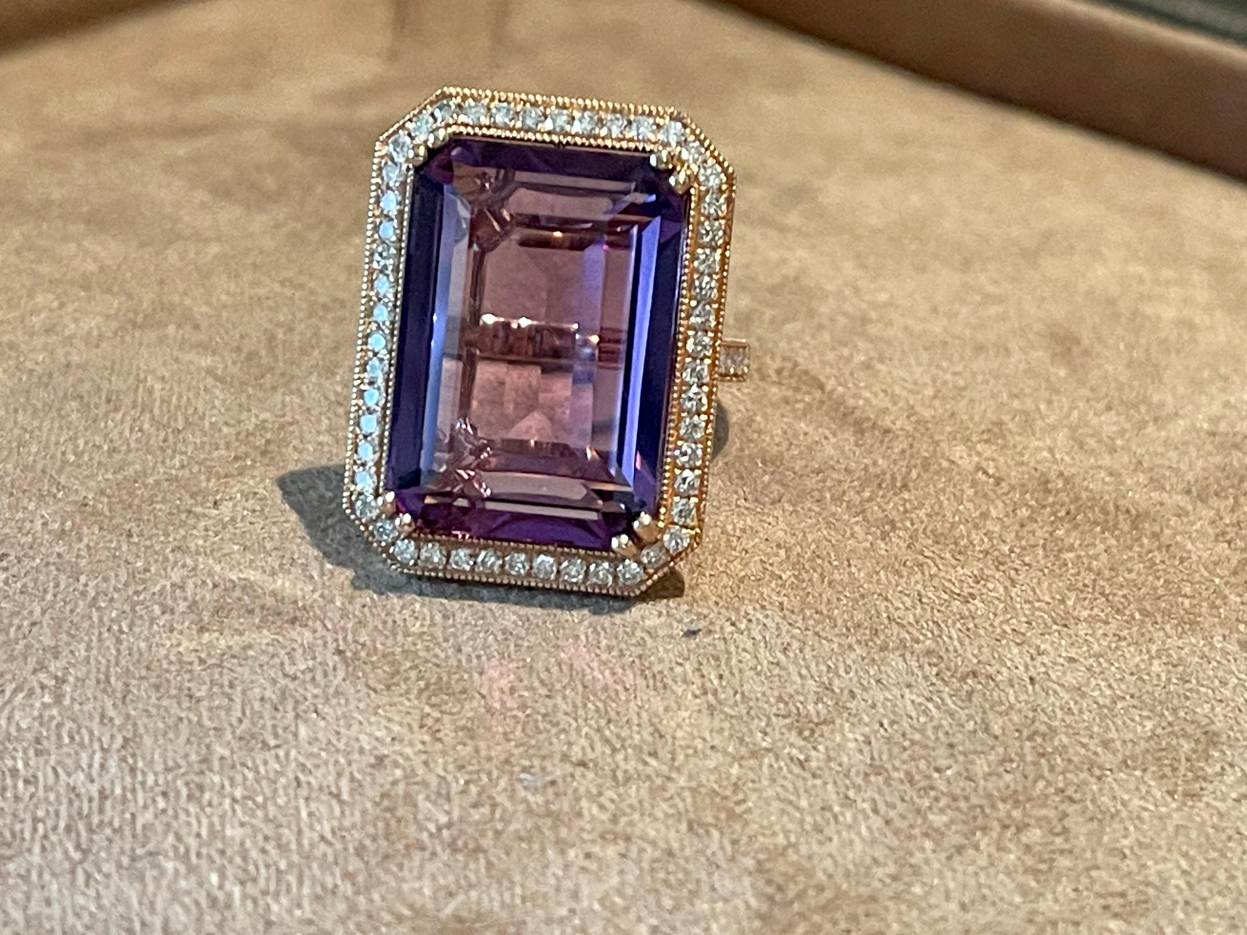 18 K Rose Gold Emerald Cut Rose De France Amethyst Diamond Cocktail Ring For Sale 5