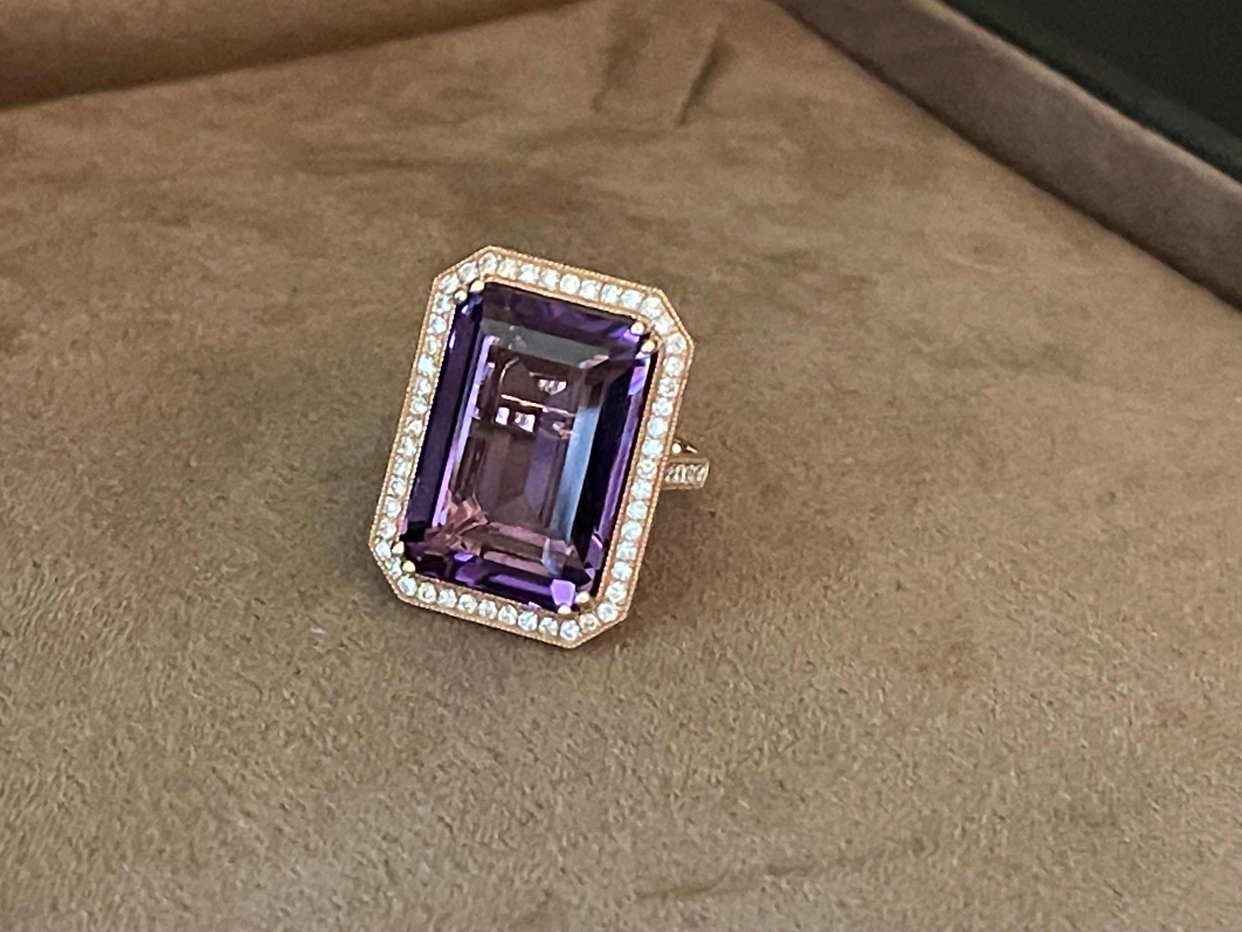 18 K Rose Gold Emerald Cut Rose De France Amethyst Diamond Cocktail Ring For Sale 6