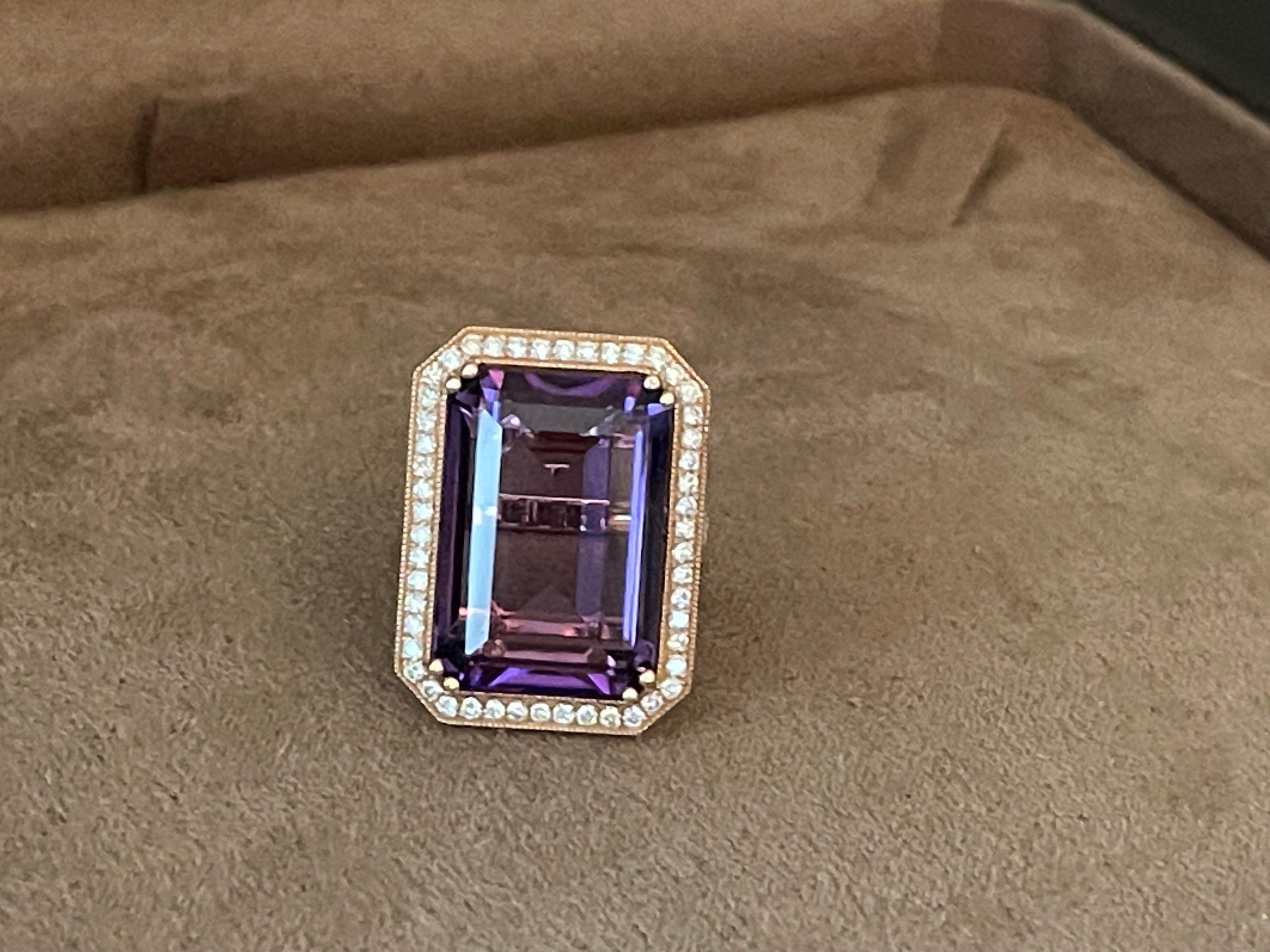 18 K Rose Gold Emerald Cut Rose De France Amethyst Diamond Cocktail Ring For Sale 8