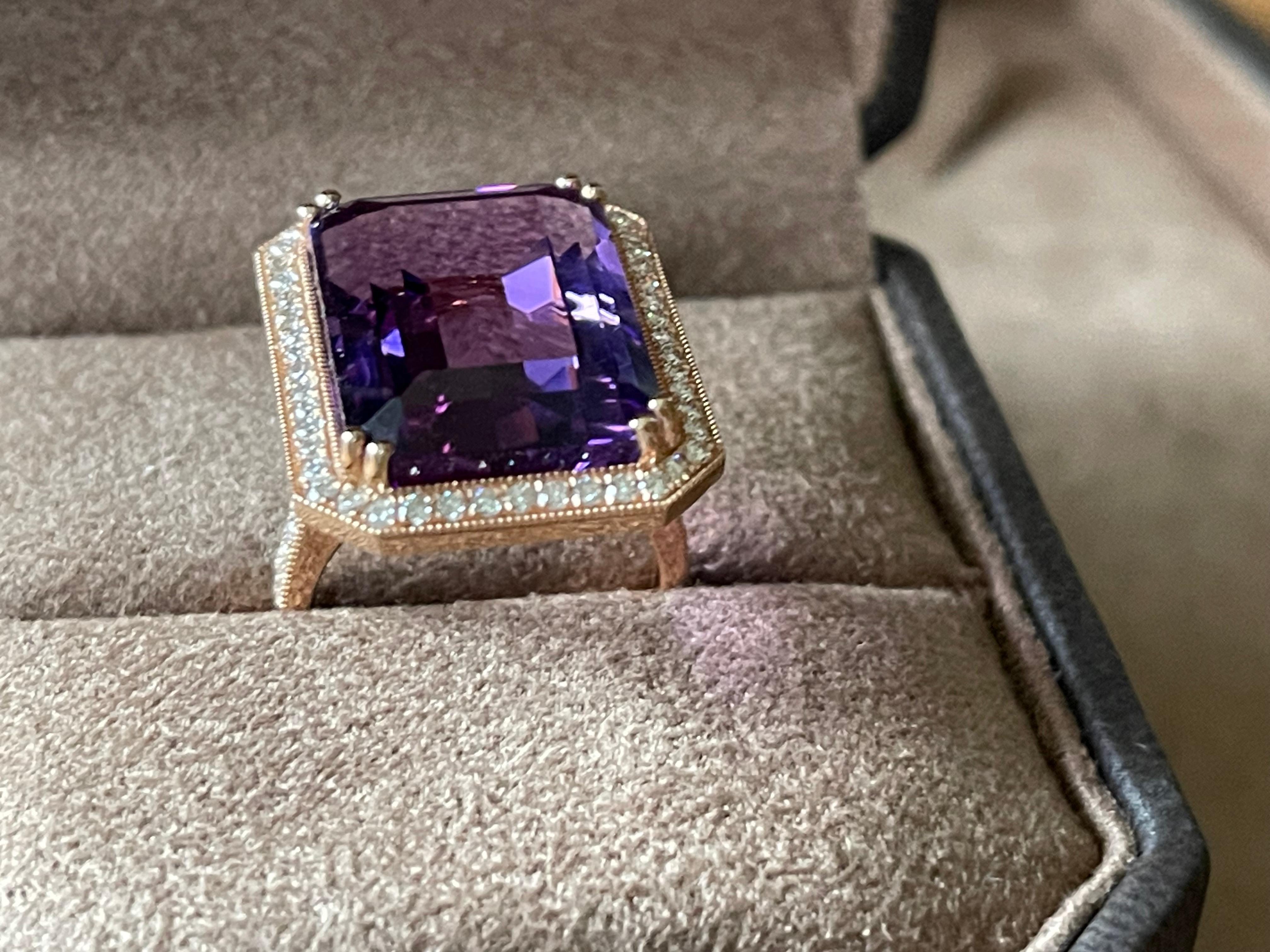 18 K Rose Gold Emerald Cut Rose De France Amethyst Diamond Cocktail Ring For Sale 9