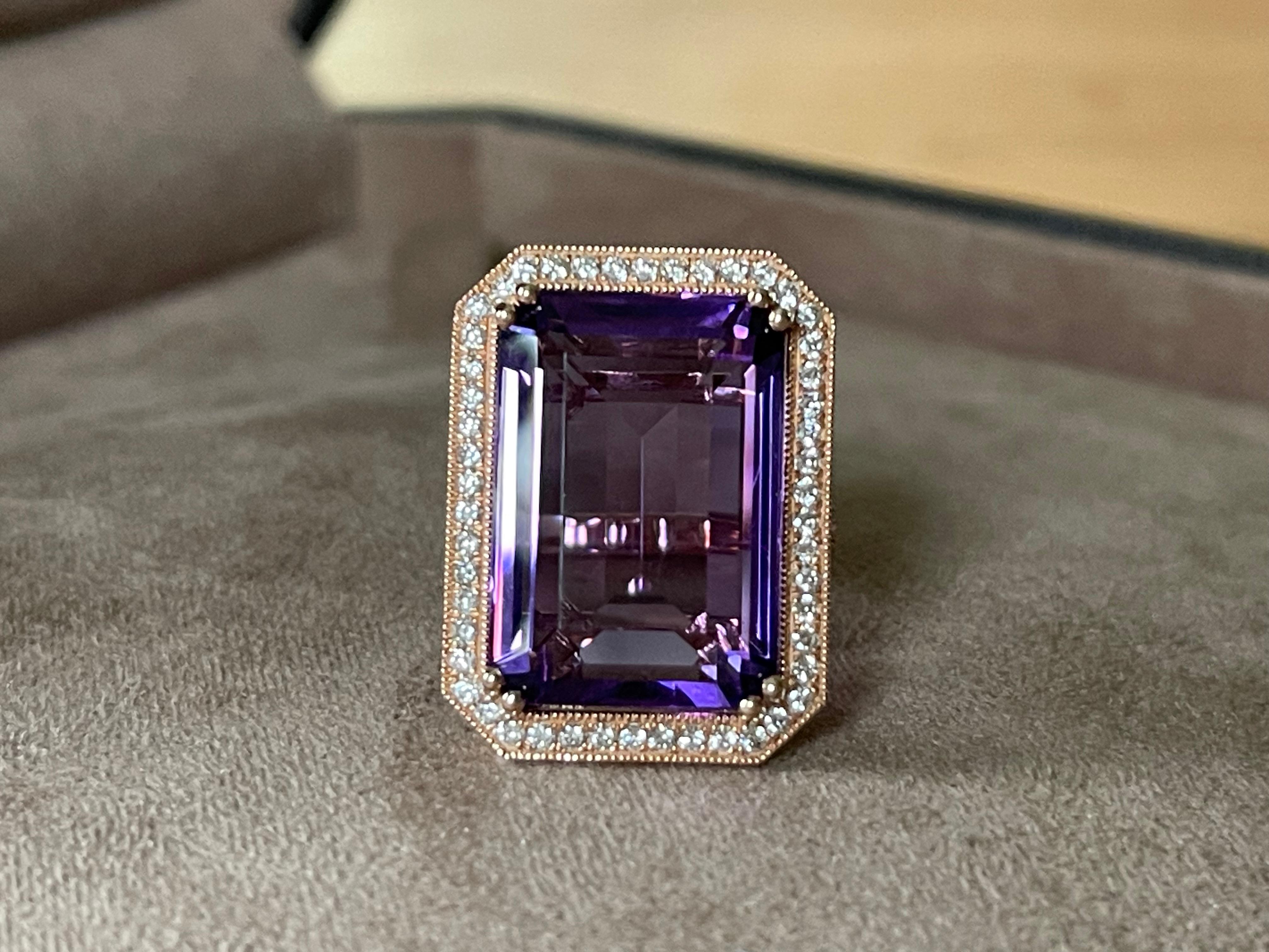 18 K Rose Gold Emerald Cut Rose De France Amethyst Diamond Cocktail Ring For Sale 10