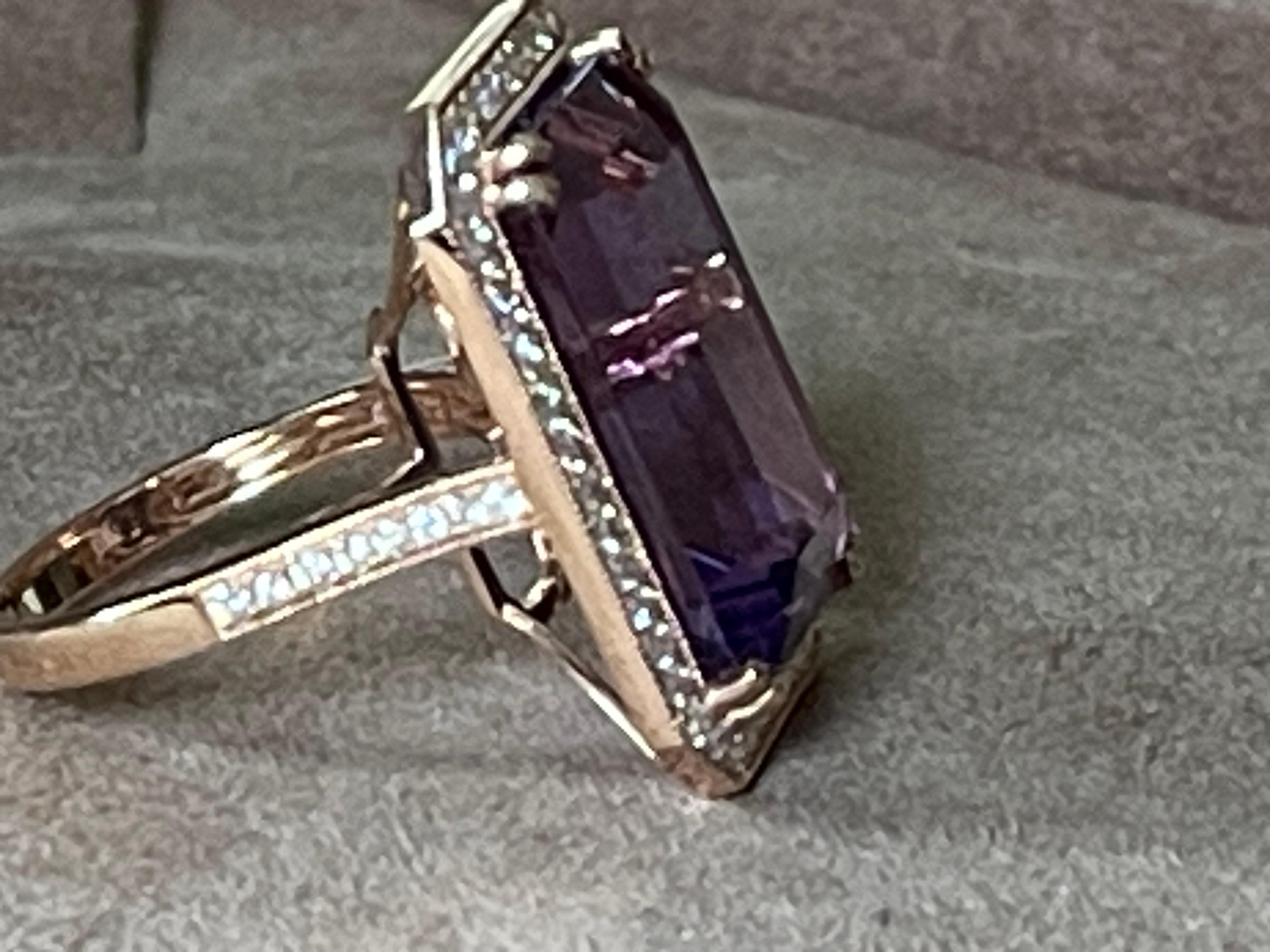 18 K Rose Gold Emerald Cut Rose De France Amethyst Diamond Cocktail Ring For Sale 12