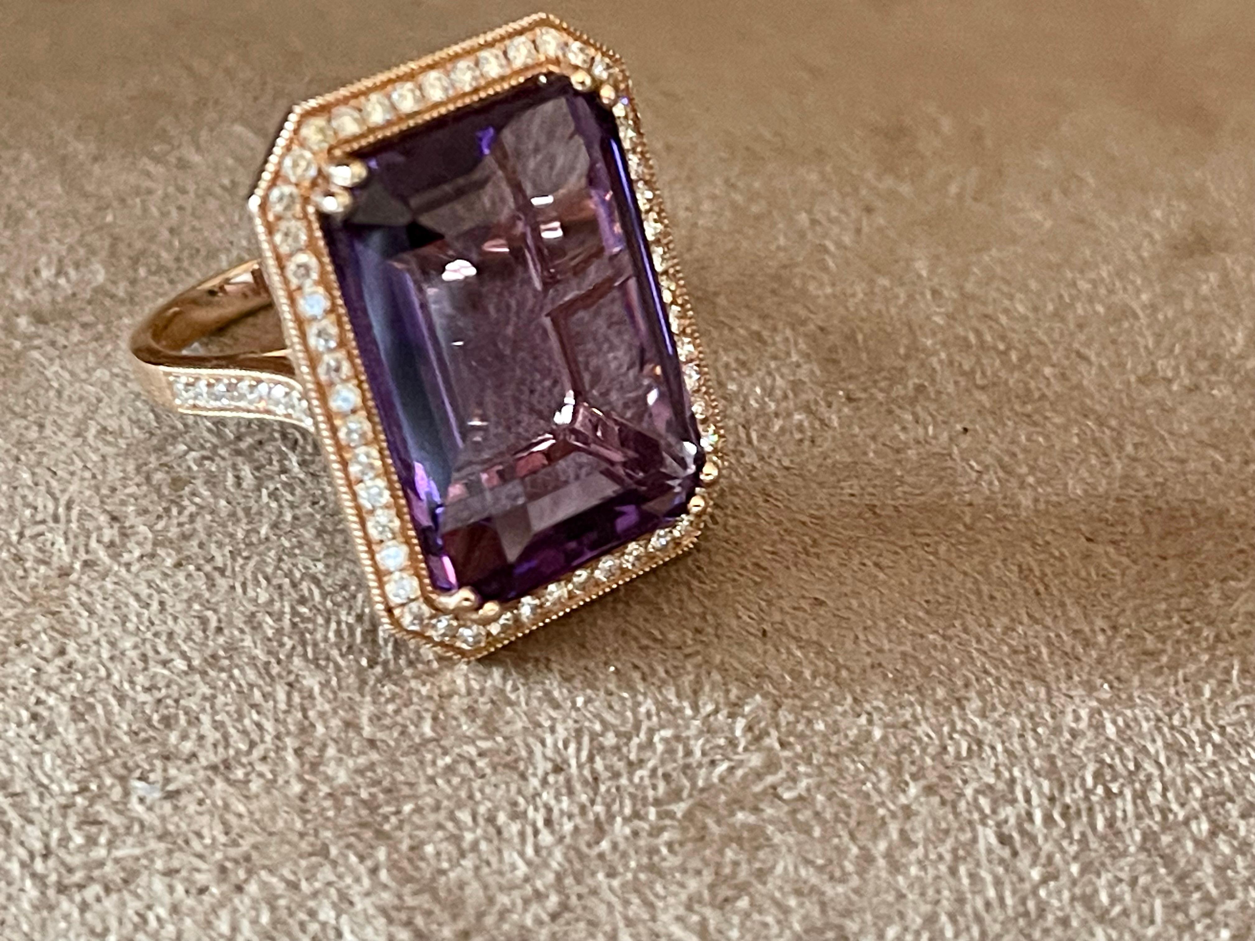 Women's 18 K Rose Gold Emerald Cut Rose De France Amethyst Diamond Cocktail Ring For Sale