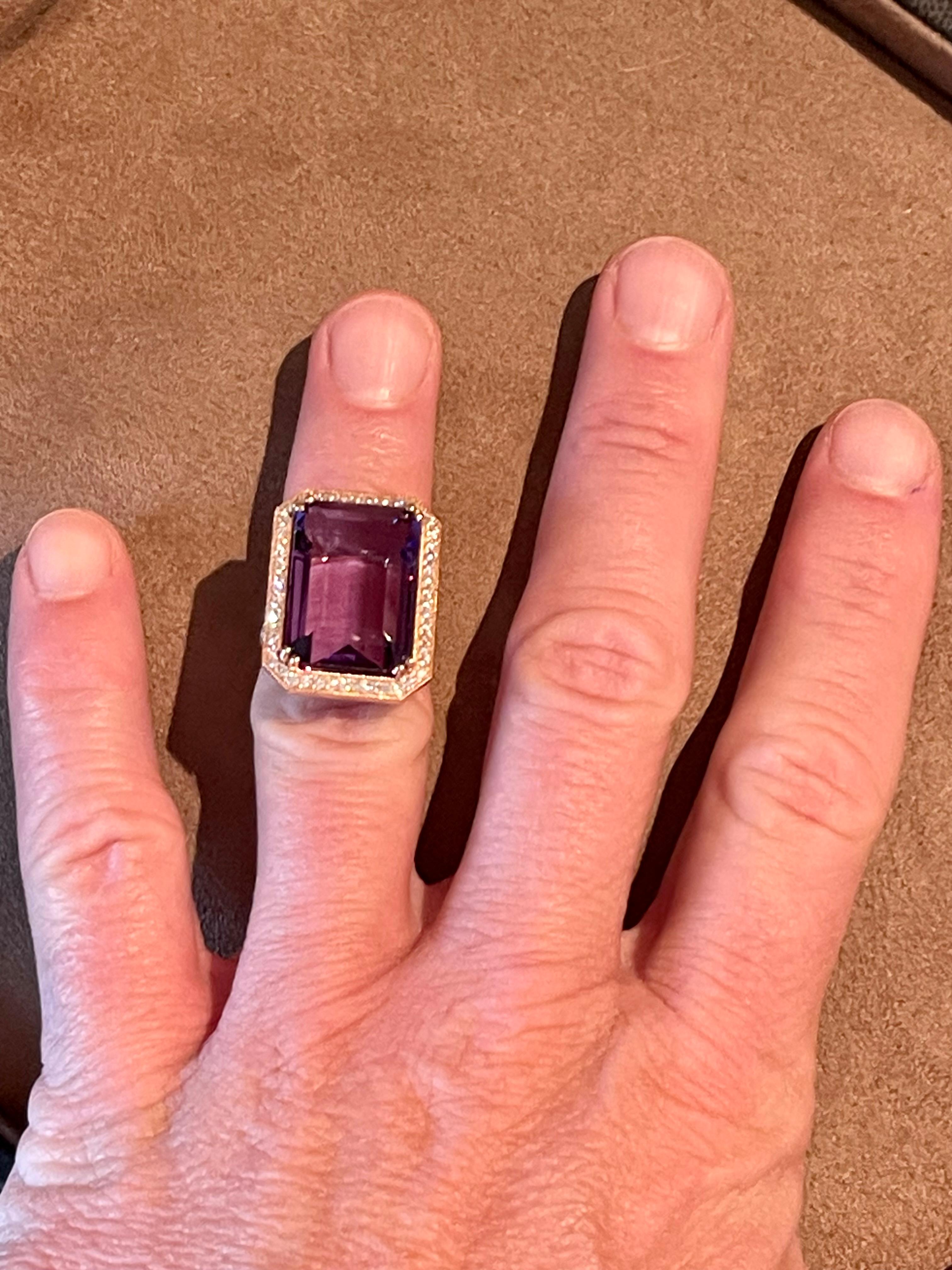 18 K Rose Gold Emerald Cut Rose De France Amethyst Diamond Cocktail Ring For Sale 1