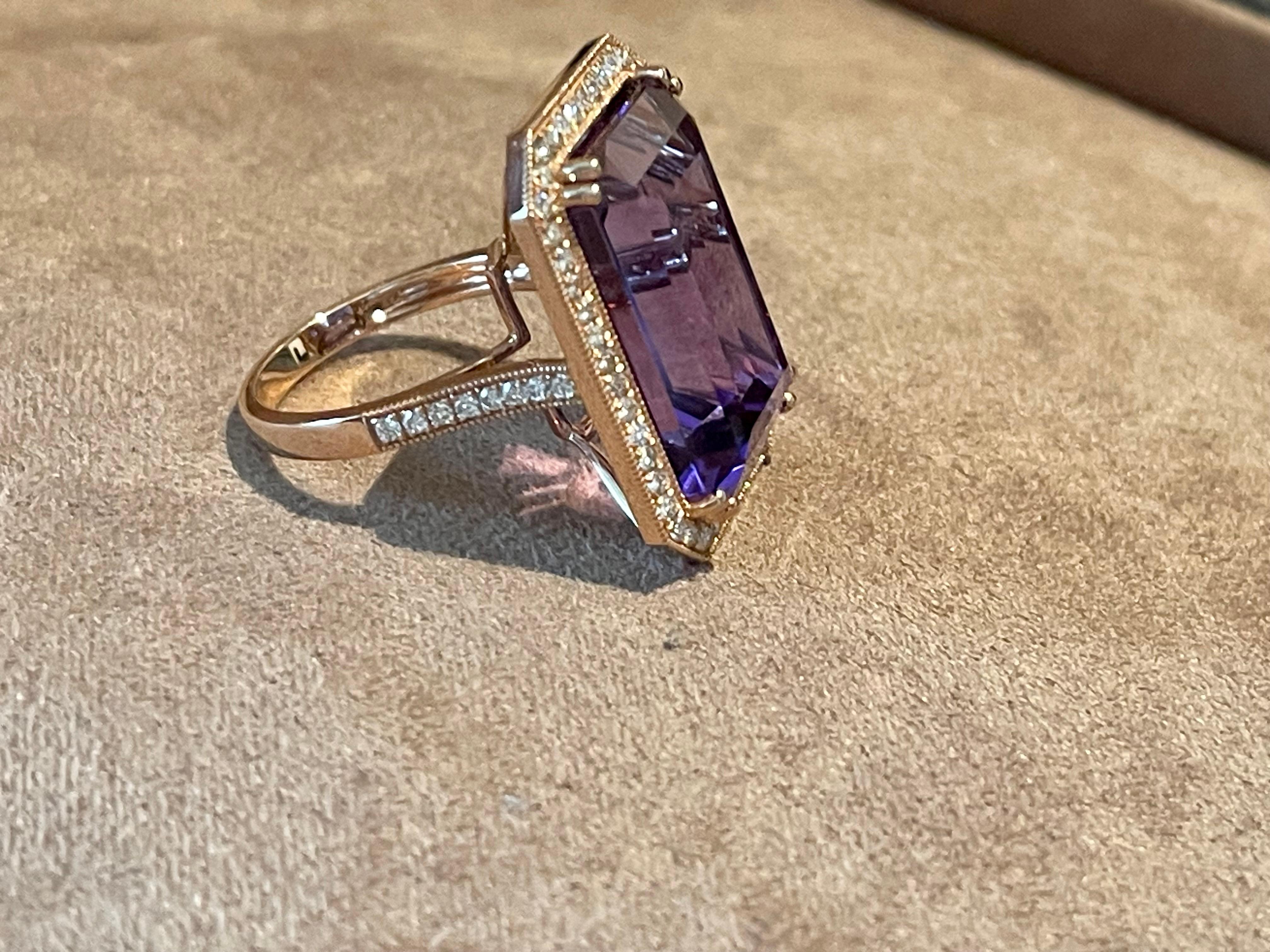 18 K Rose Gold Emerald Cut Rose De France Amethyst Diamond Cocktail Ring For Sale 2