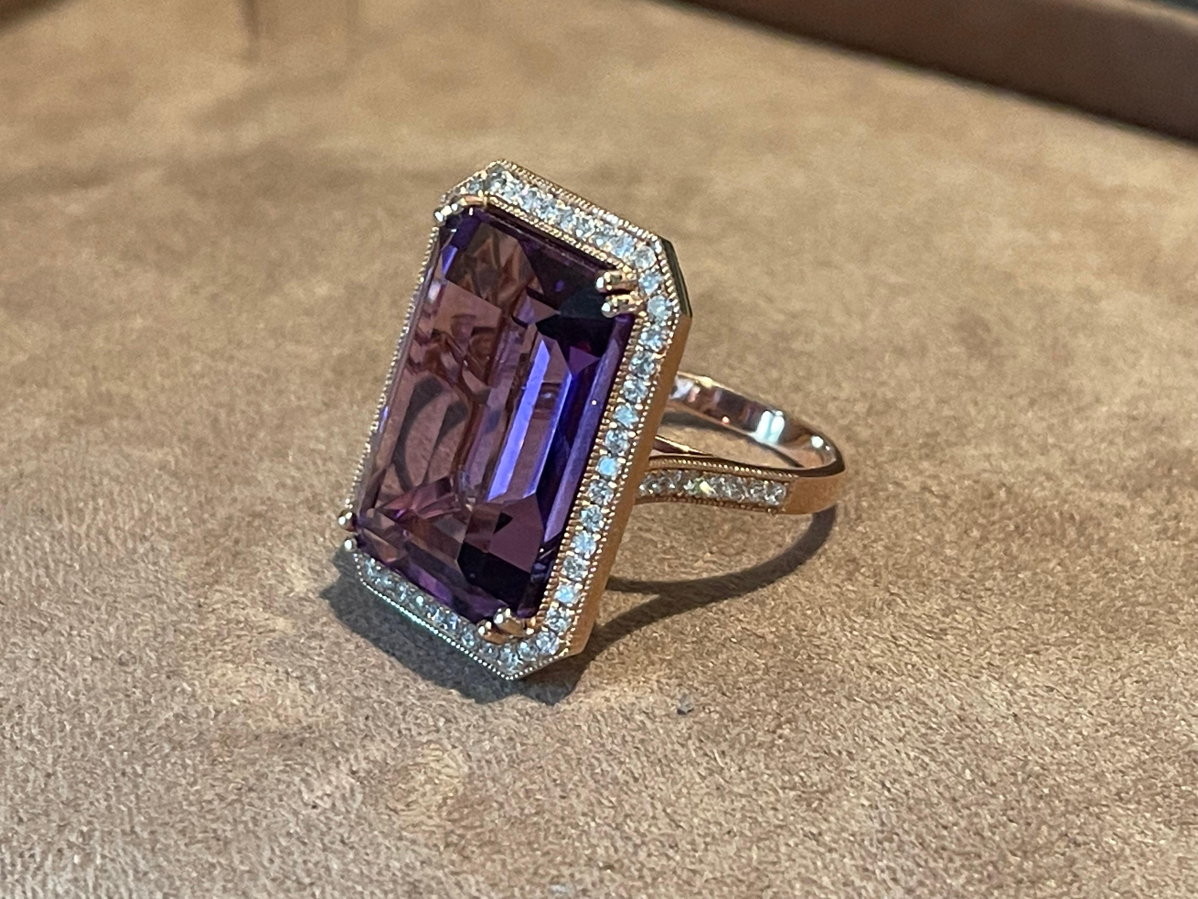 18 K Rose Gold Emerald Cut Rose De France Amethyst Diamond Cocktail Ring For Sale 3
