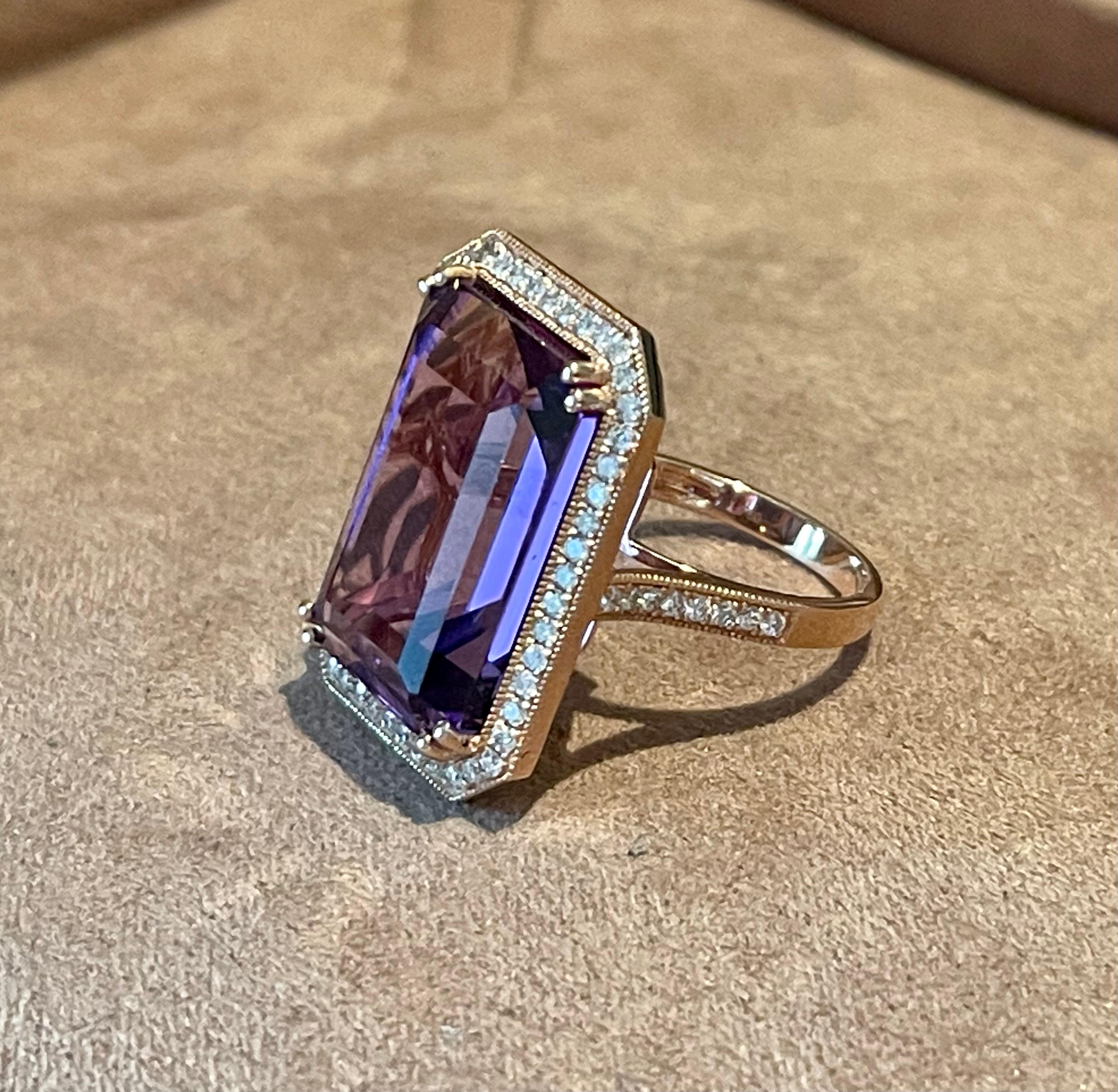 18 K Rose Gold Emerald Cut Rose De France Amethyst Diamond Cocktail Ring For Sale 4
