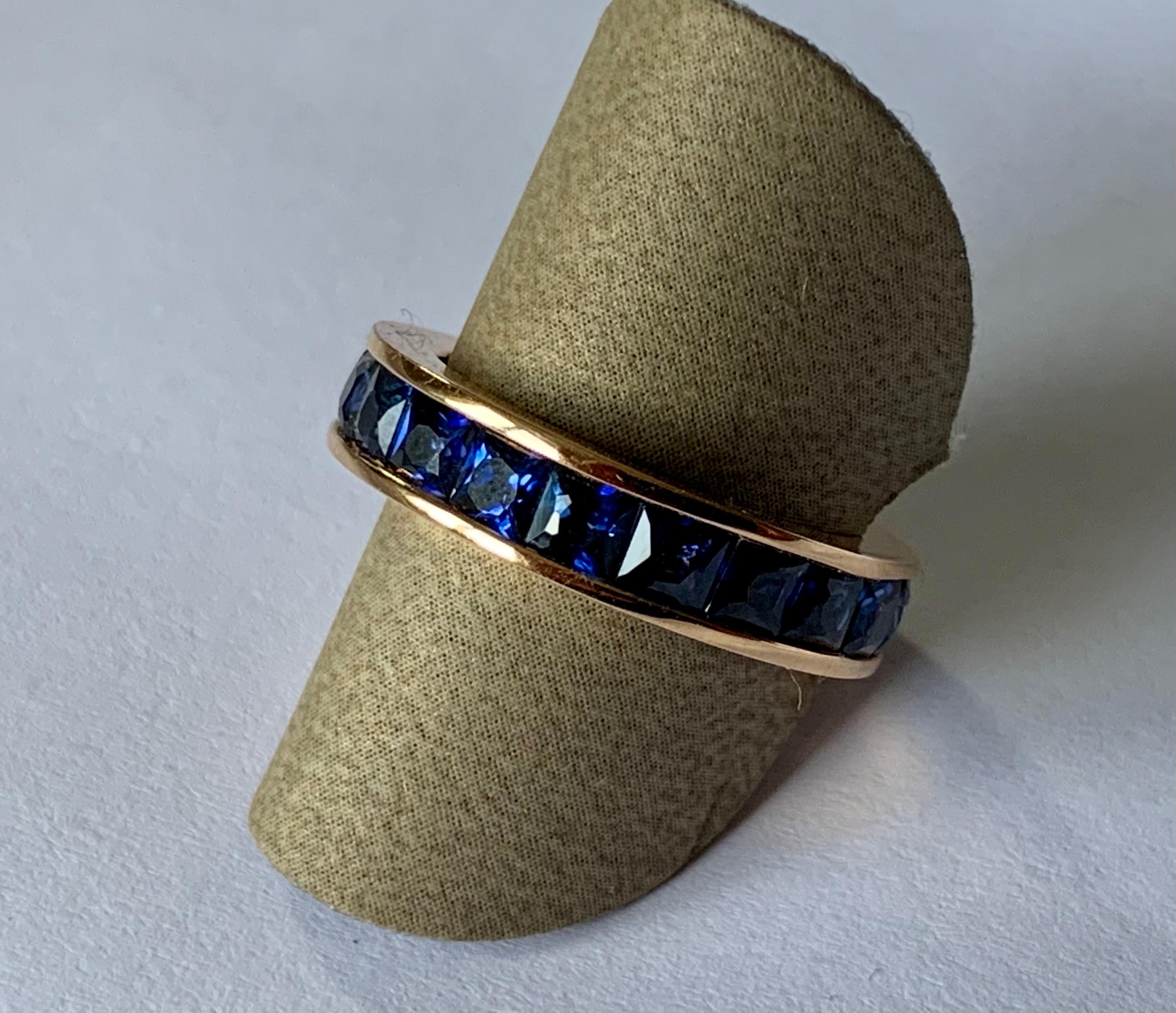 Contemporary 18 K Rose Gold Eternity Ring Band French Cut Blue Sapphires For Sale