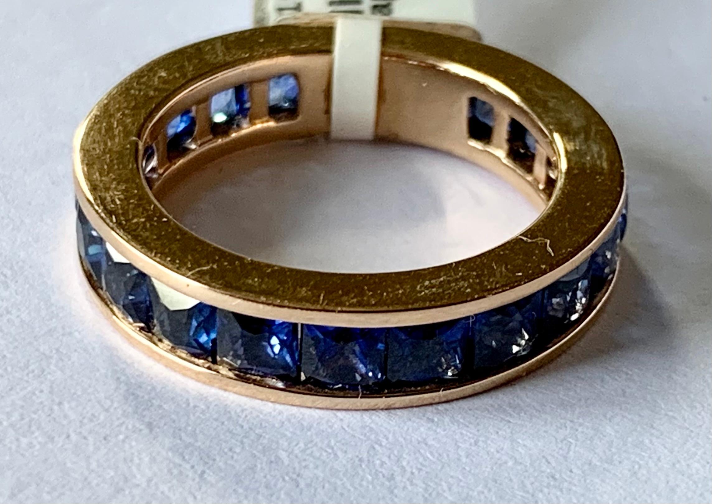 Square Cut 18 K Rose Gold Eternity Ring Band French Cut Blue Sapphires For Sale