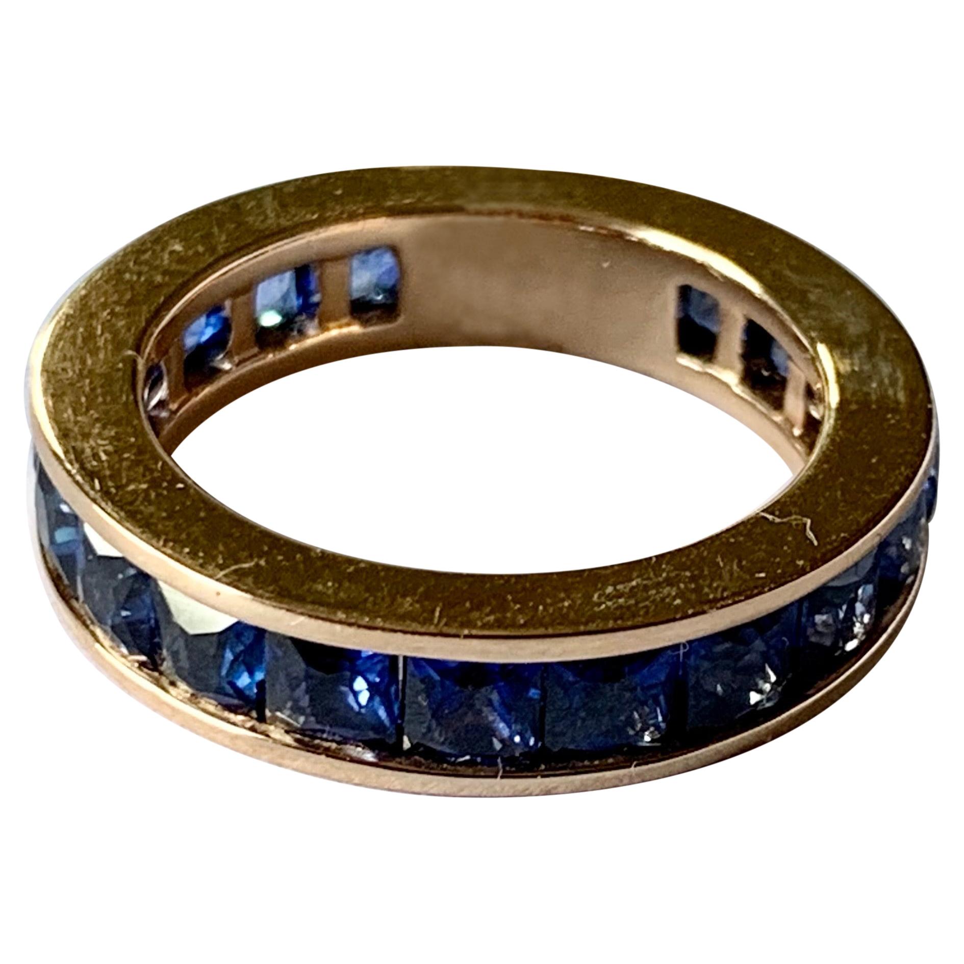 18 K Rose Gold Eternity Ring Band French Cut Blue Sapphires For Sale