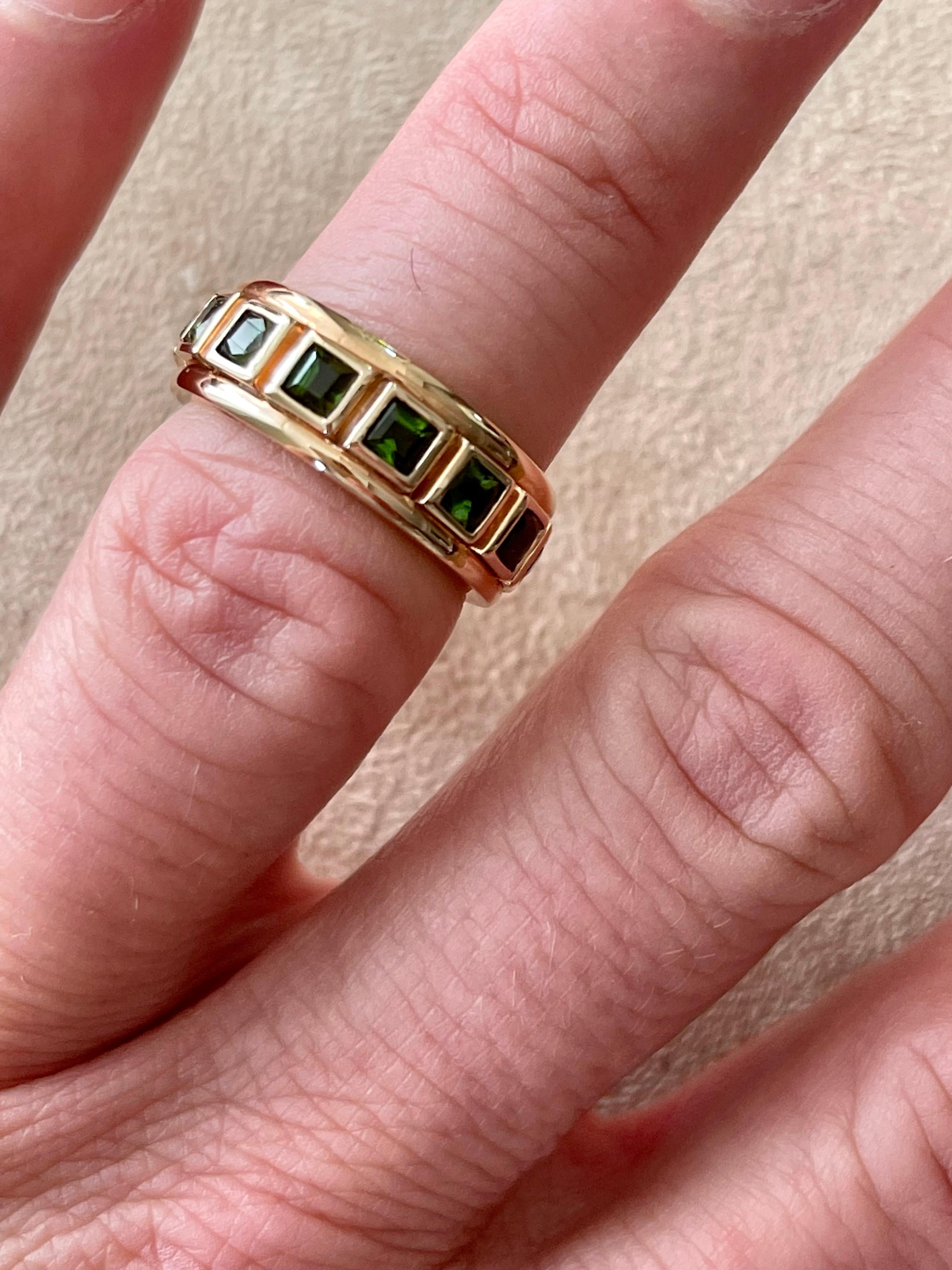 Contemporary 18 K Rose Gold Eternity Ring Band Square Cut Green Tourmaline For Sale