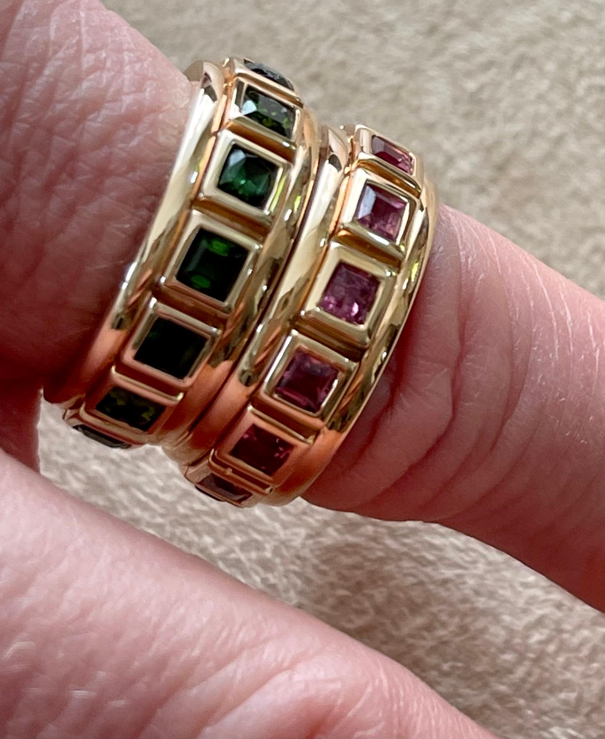 Women's or Men's 18 K Rose Gold Eternity Ring Band Square Cut Green Tourmaline For Sale