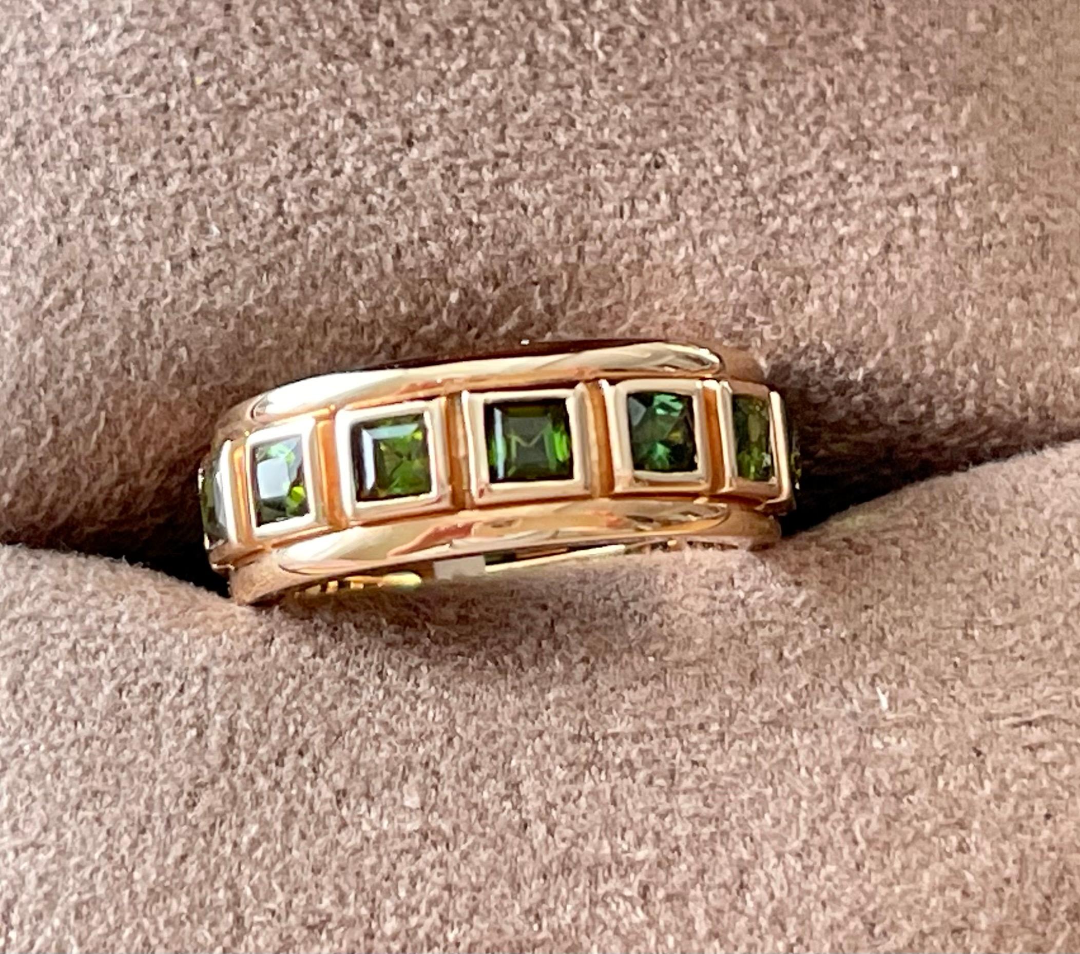 18 K Rose Gold Eternity Ring Band Square Cut Green Tourmaline For Sale 1