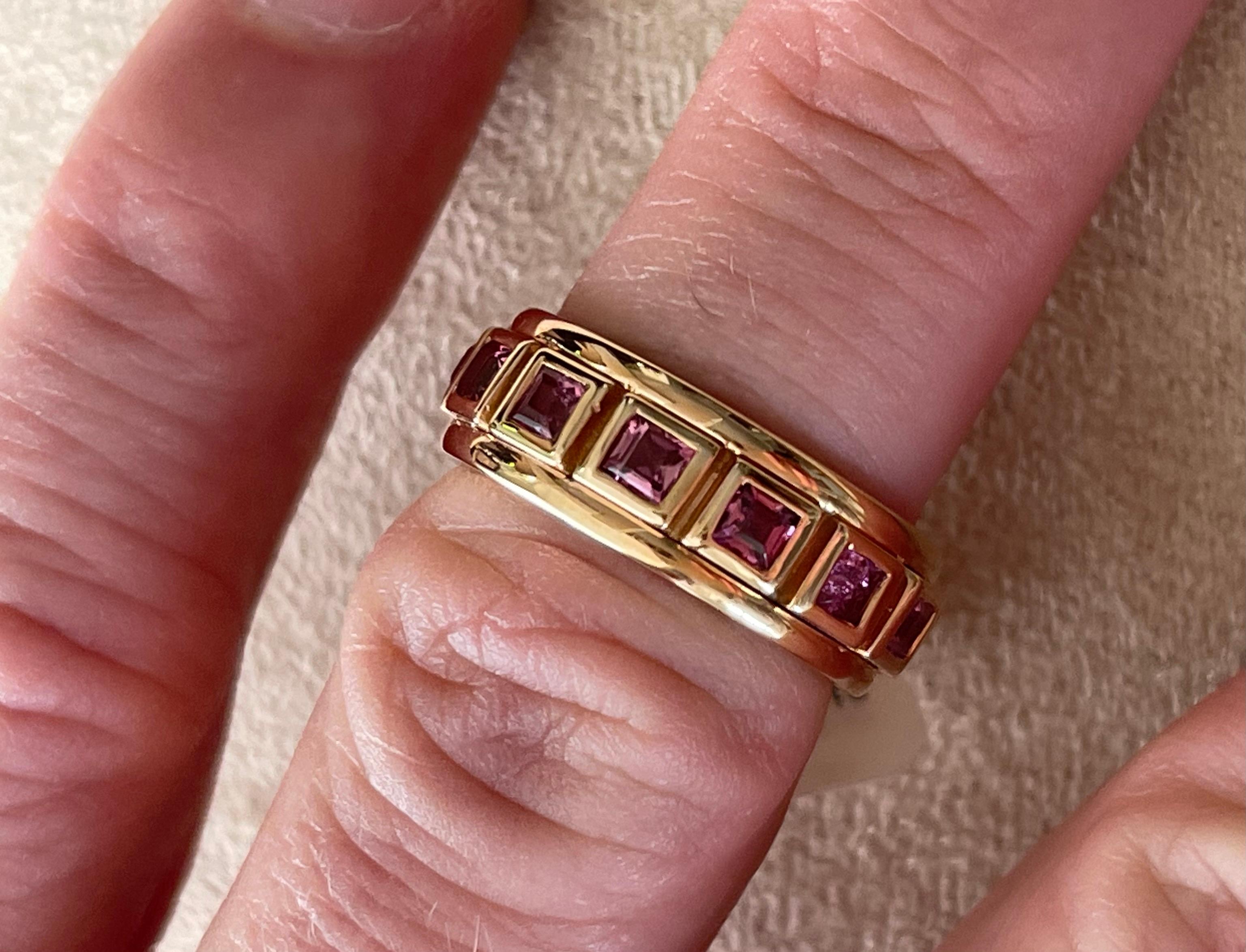 Women's or Men's 18 K Rose Gold Eternity Ring Band Square Cut Pink Tourmaline For Sale