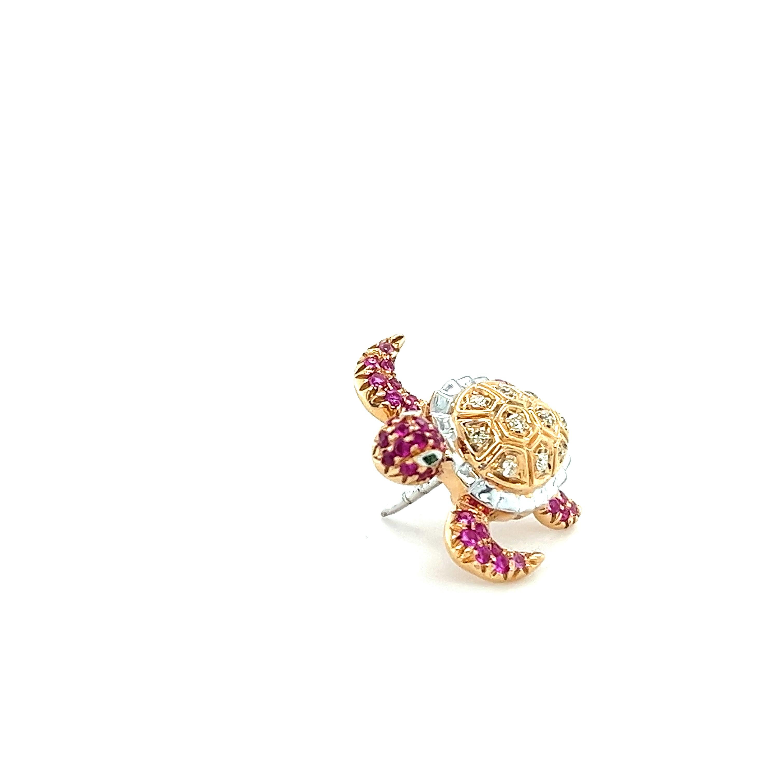 18 K Rose Gold Fancy Diamond & Pink Sapphire Tortoise Brooch

10 Fancy Diamonds 0.08 CT
2 Green Garnet 0.01 CT
23 Pink Sapphire 0.20 CT
21 Rubies 0.16 CT
18 K Rose Gold 3.96 GM

Pink Sapphires have such a loving, nurturing energy that they instantly