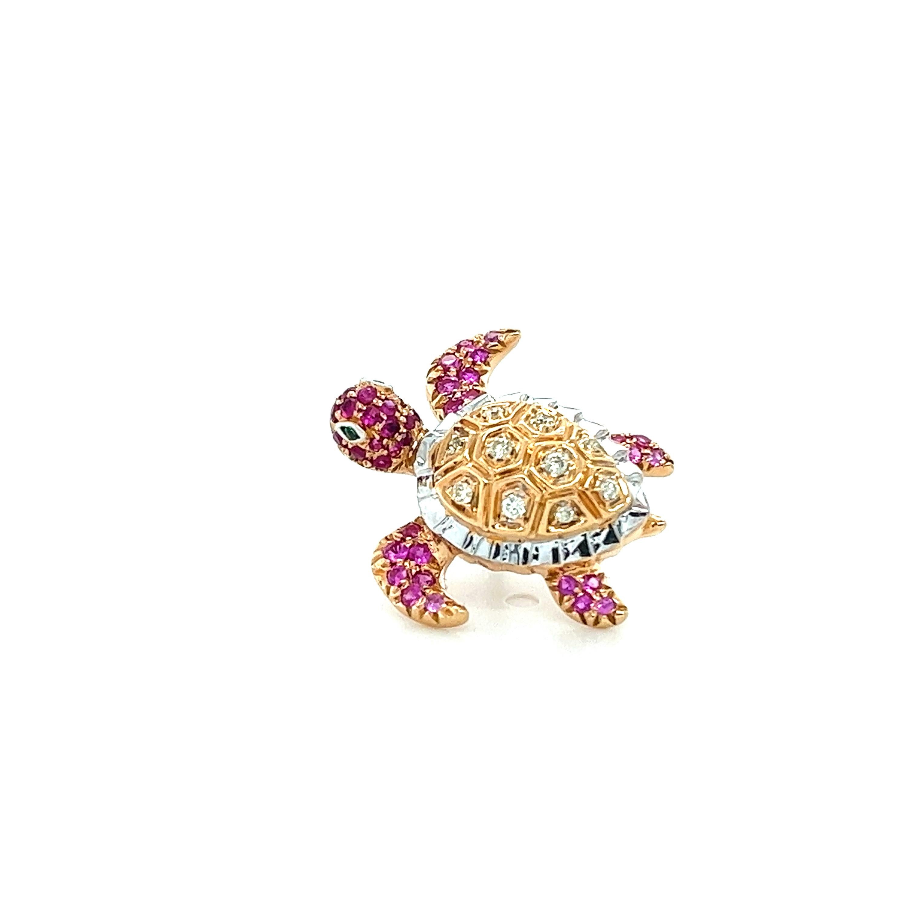 Tortoise-Brosche aus 18 Karat Roségold mit ausgefallenen Diamanten und rosa Saphiren (Moderne) im Angebot