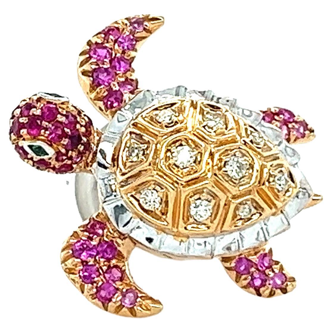 Broche tortue en or rose 18 carats avec diamant fantaisie et saphir rose