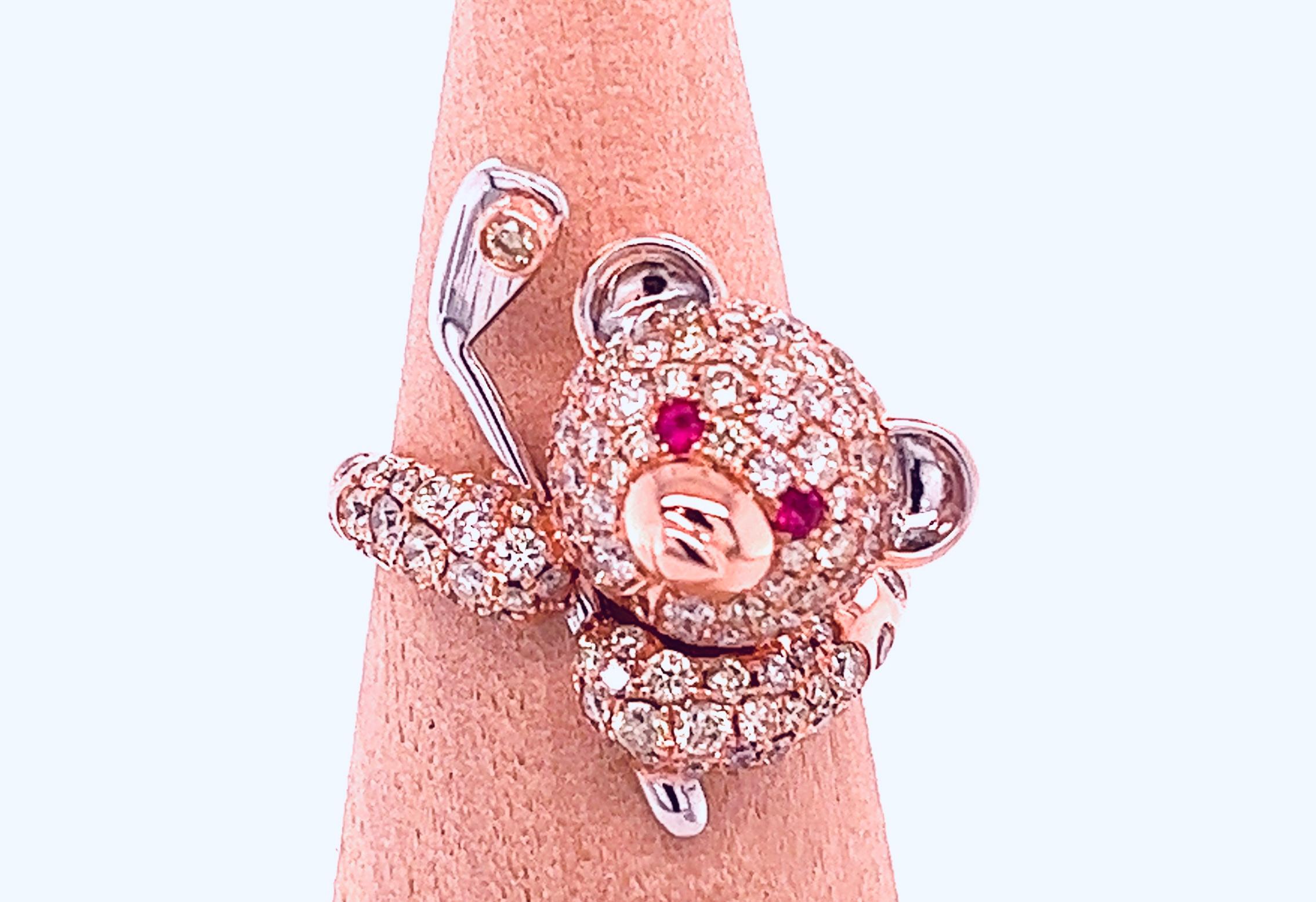 Anillo Oso Diamantes Fantasía Oro Rosa 18k Corte redondo en venta