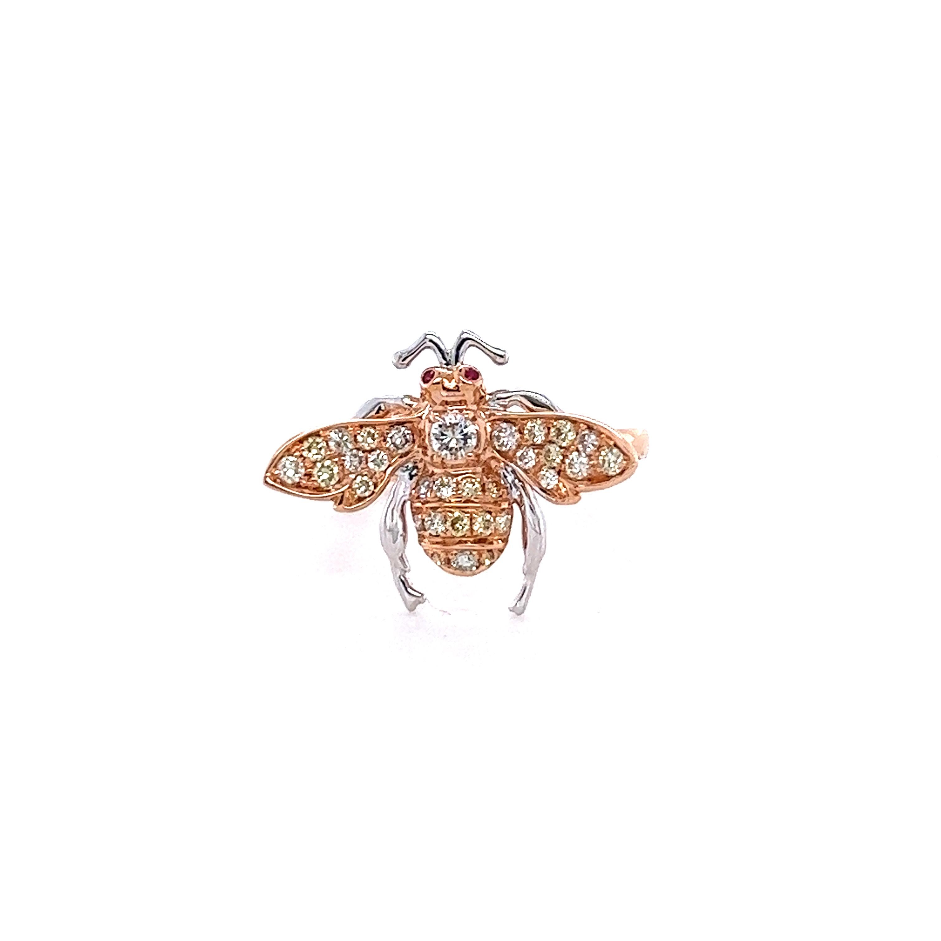 18 K Rose Gold Fancy Diamonds Rubies Bee Ring

31 Fancy Diamonds 0.39 CT
2 Rubies 0.01 CT
18 K Rose Gold 3.71 GM

Bees have a long history of being associated with luck, wealth and royalty. As such, they are often featured in jewellery designs. Bee
