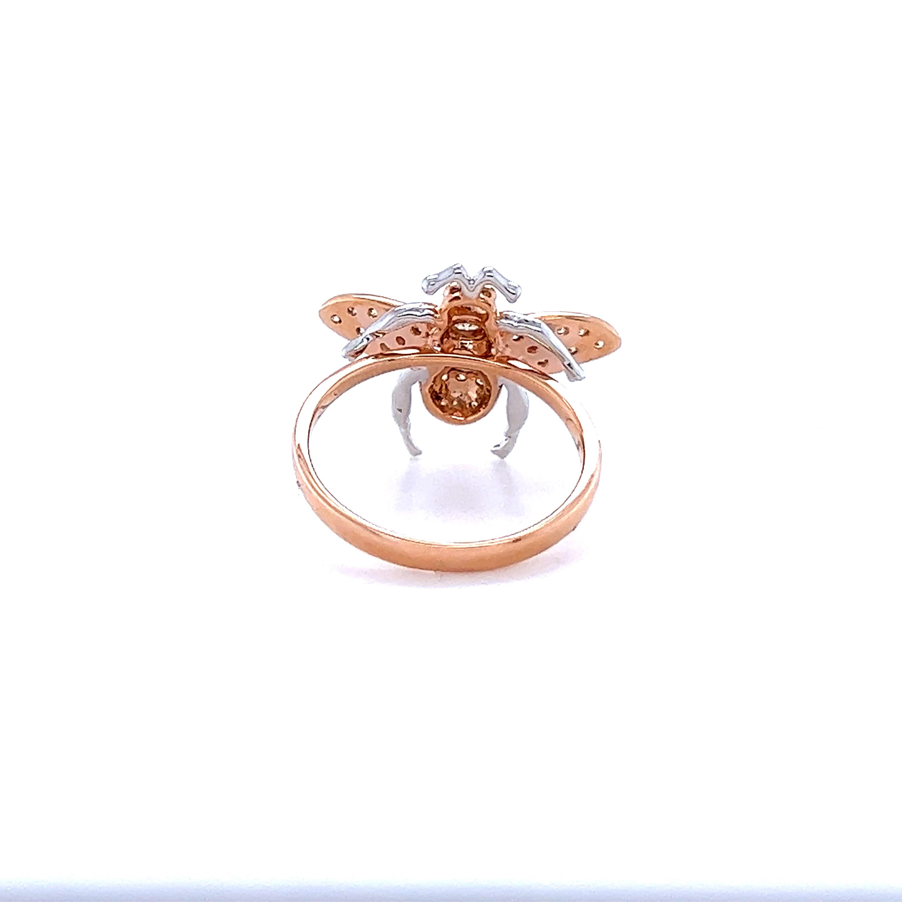 Round Cut 18 K Rose Gold Fancy Diamonds Rubies Bee Ring For Sale