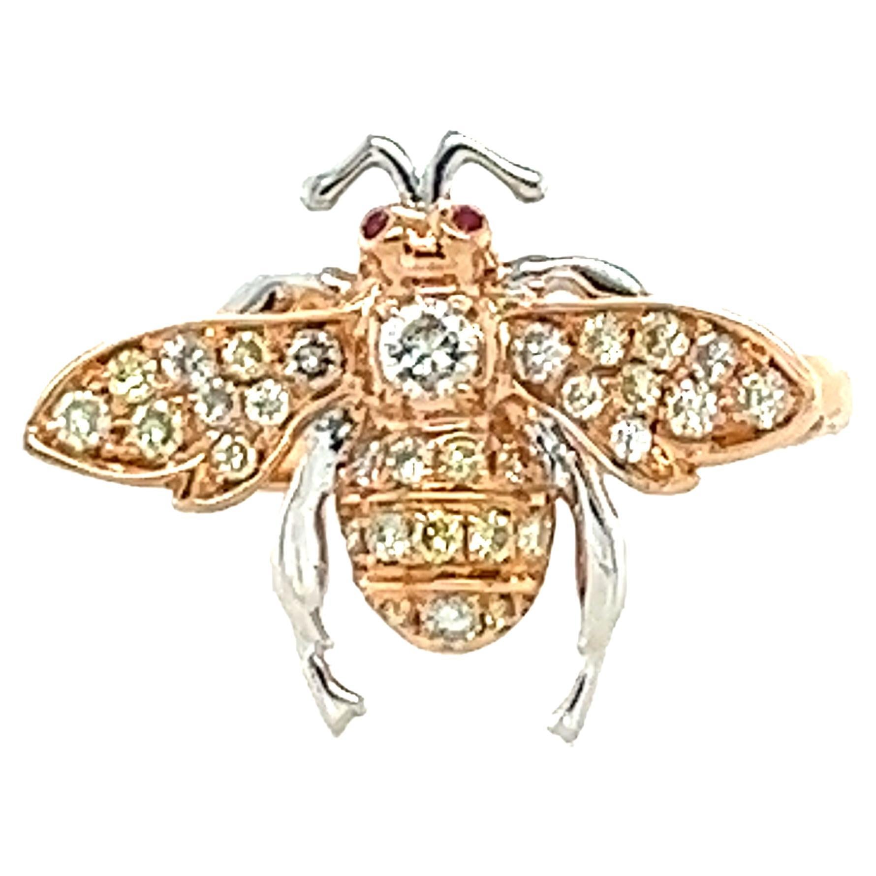 18 K Rose Gold Fancy Diamonds Rubies Bee Ring For Sale