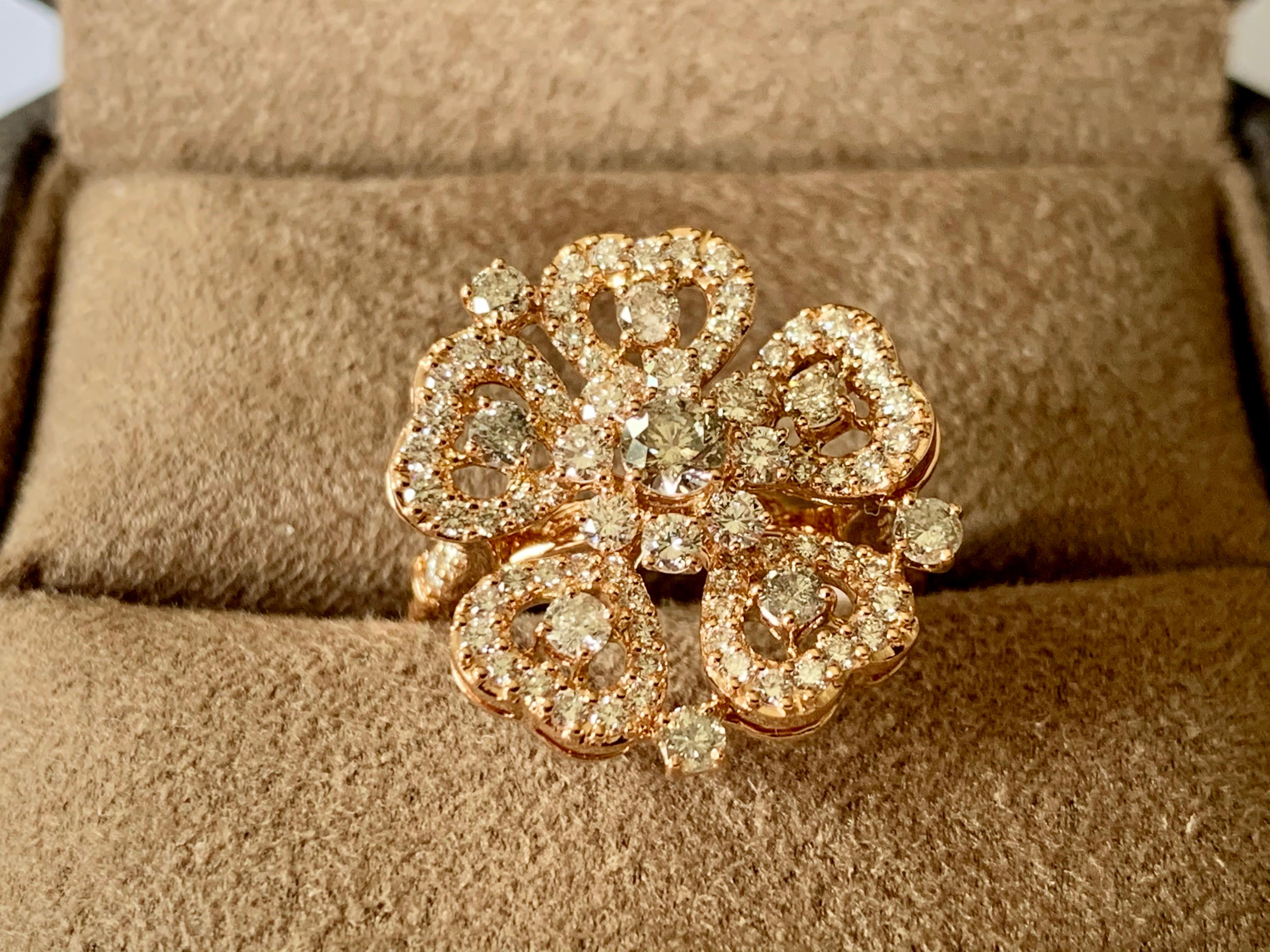 Women's or Men's 18 K Rose Gold Flower Ring with Diamonds For Sale