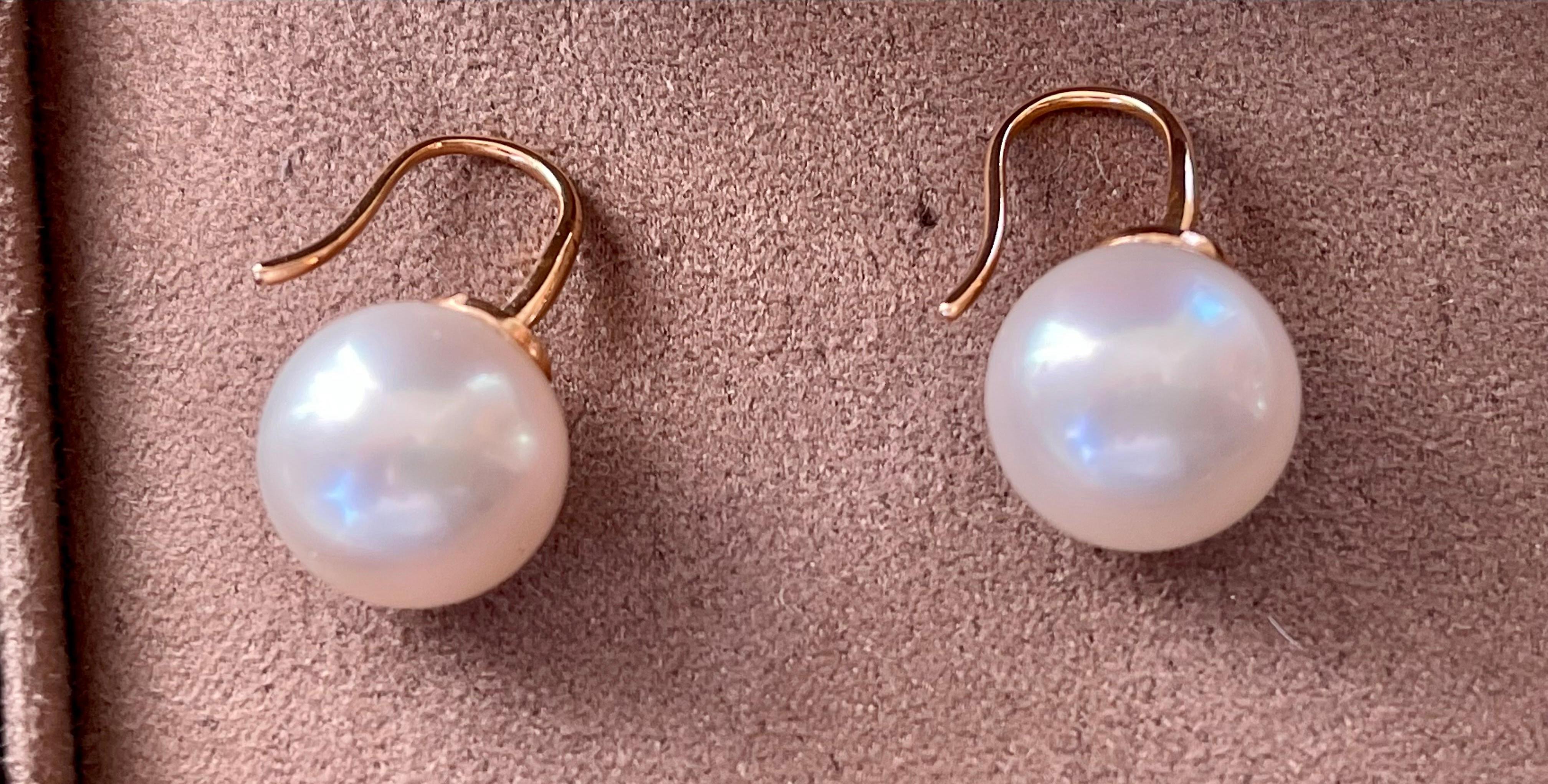 Round Cut 18 K Rose Gold Hook Drop South Sea Pearl Earrings For Sale