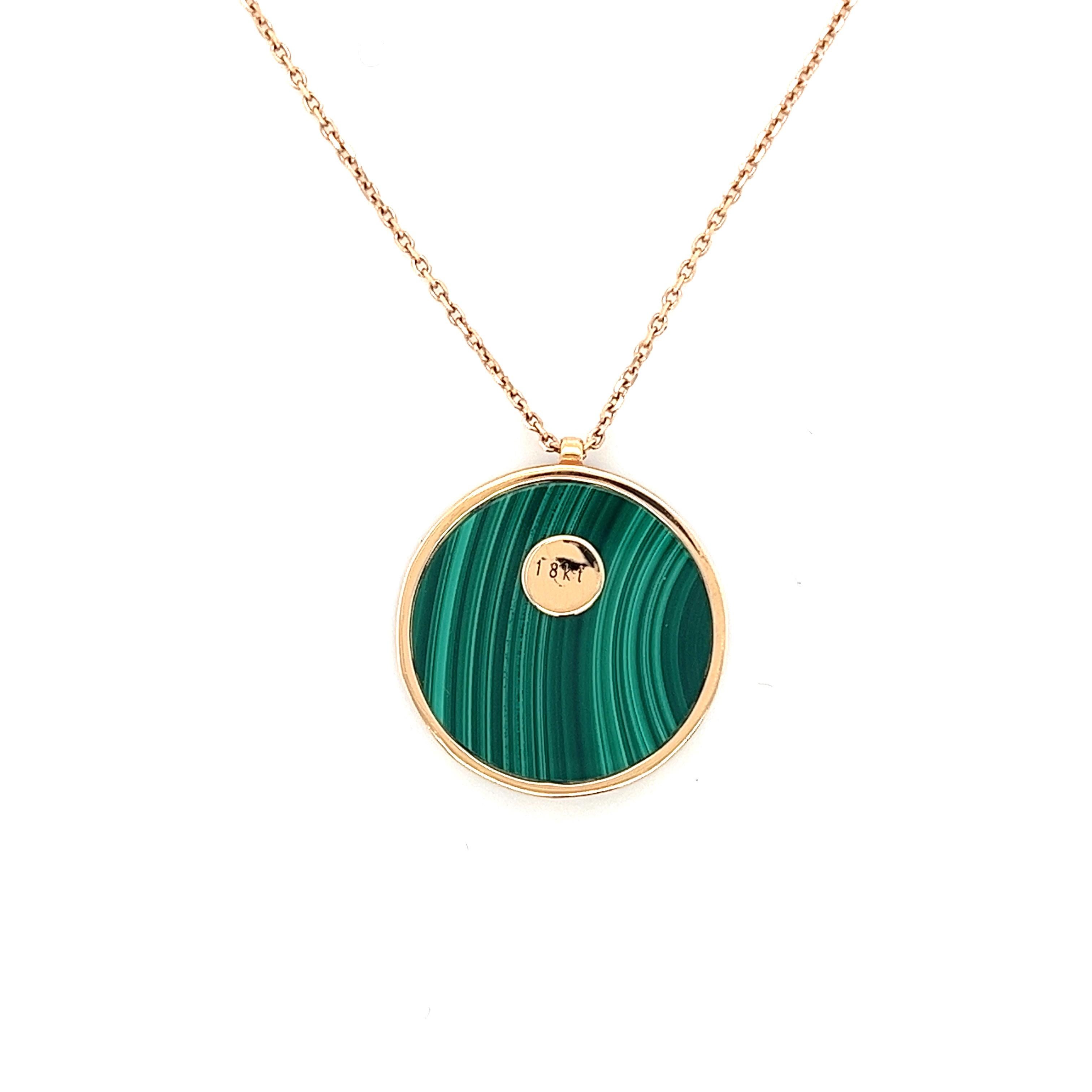 18 K Rose Gold Malachite Necklace

59 Diamonds 0.20 CT
1 Malachites 8.85 CT
18 K Rose Gold 5.03 GM

One glance at Malachite is enough to put your heart petals in bloom. A beautiful stone, etched with tree ring patterns and the lushest shade of