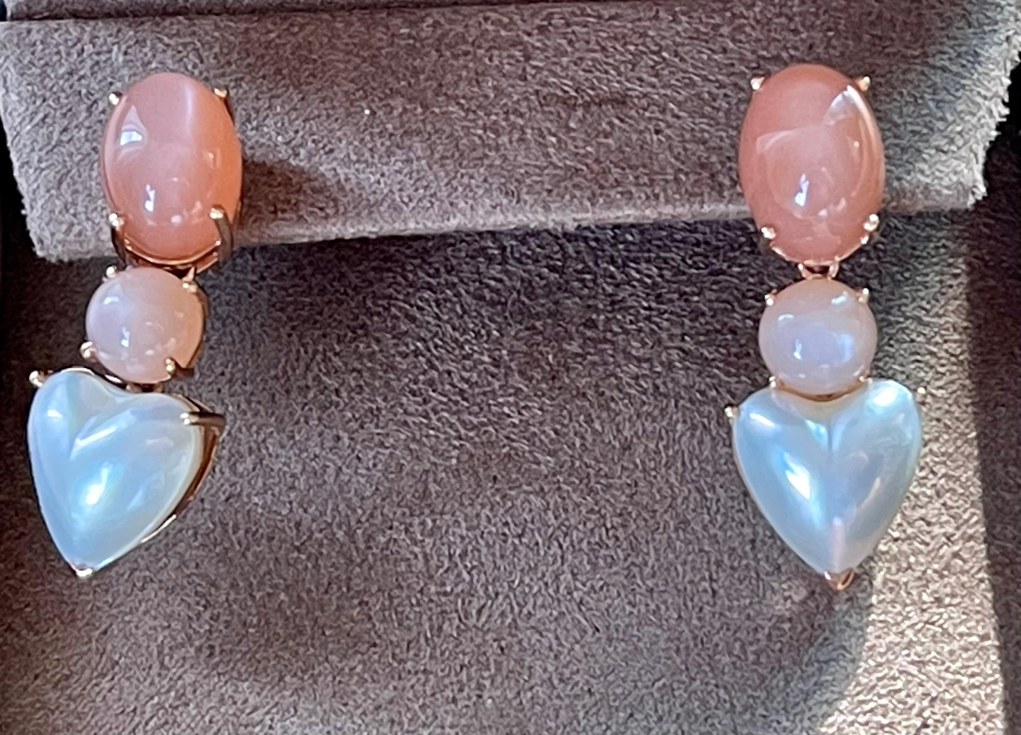 Cabochon 18 K Rose Gold Moonstone Cultured Pearl Earrings For Sale