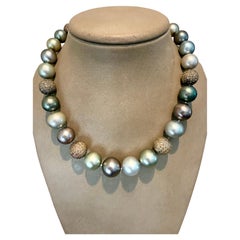 18 K rose Gold multicolor Tahitian Pearl Necklace Diamond Balls