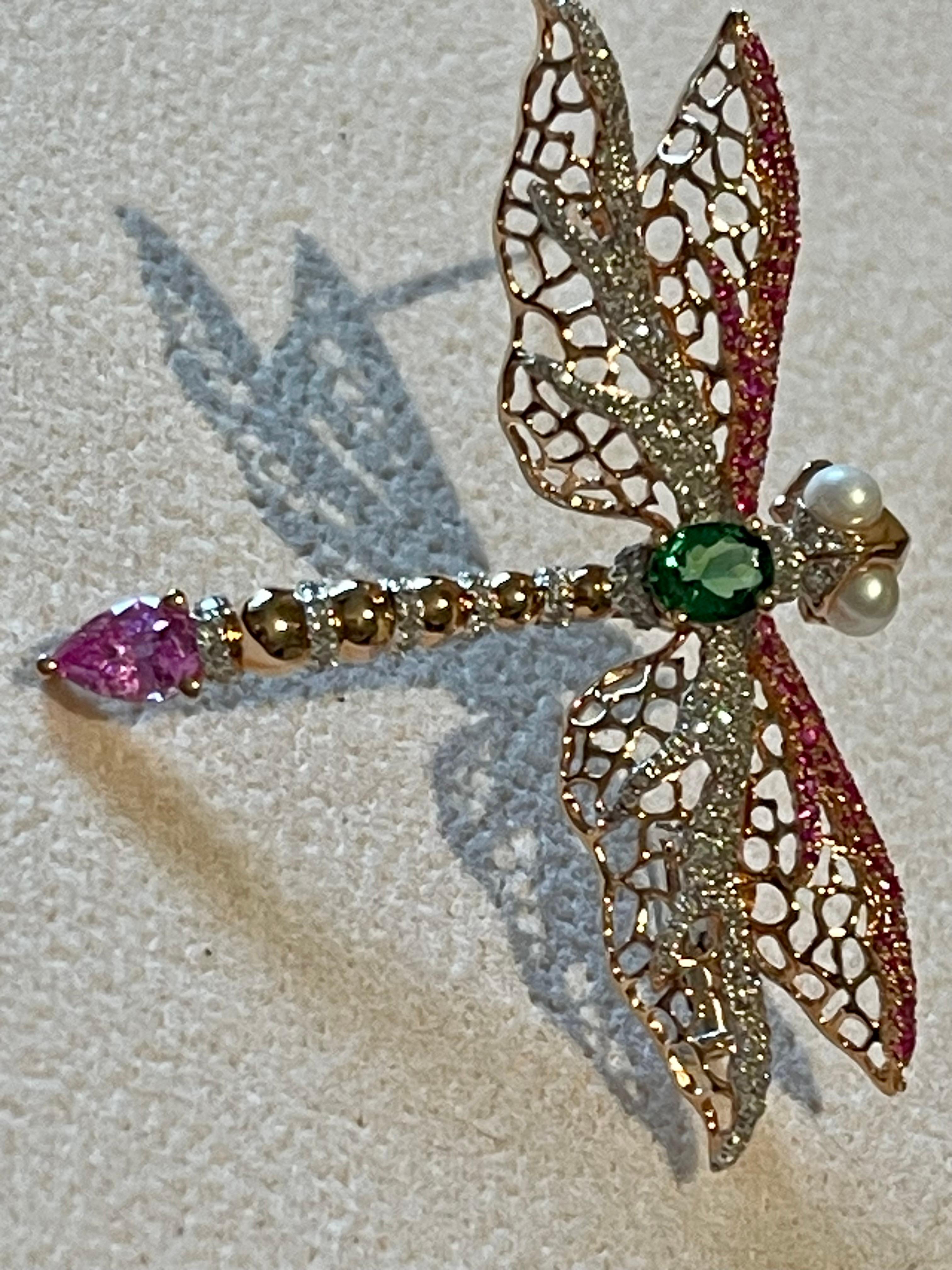 18 K rose Gold openwork  Dragonfly brooch pink Sapphire Tsavorite Diamond Pearl For Sale 4