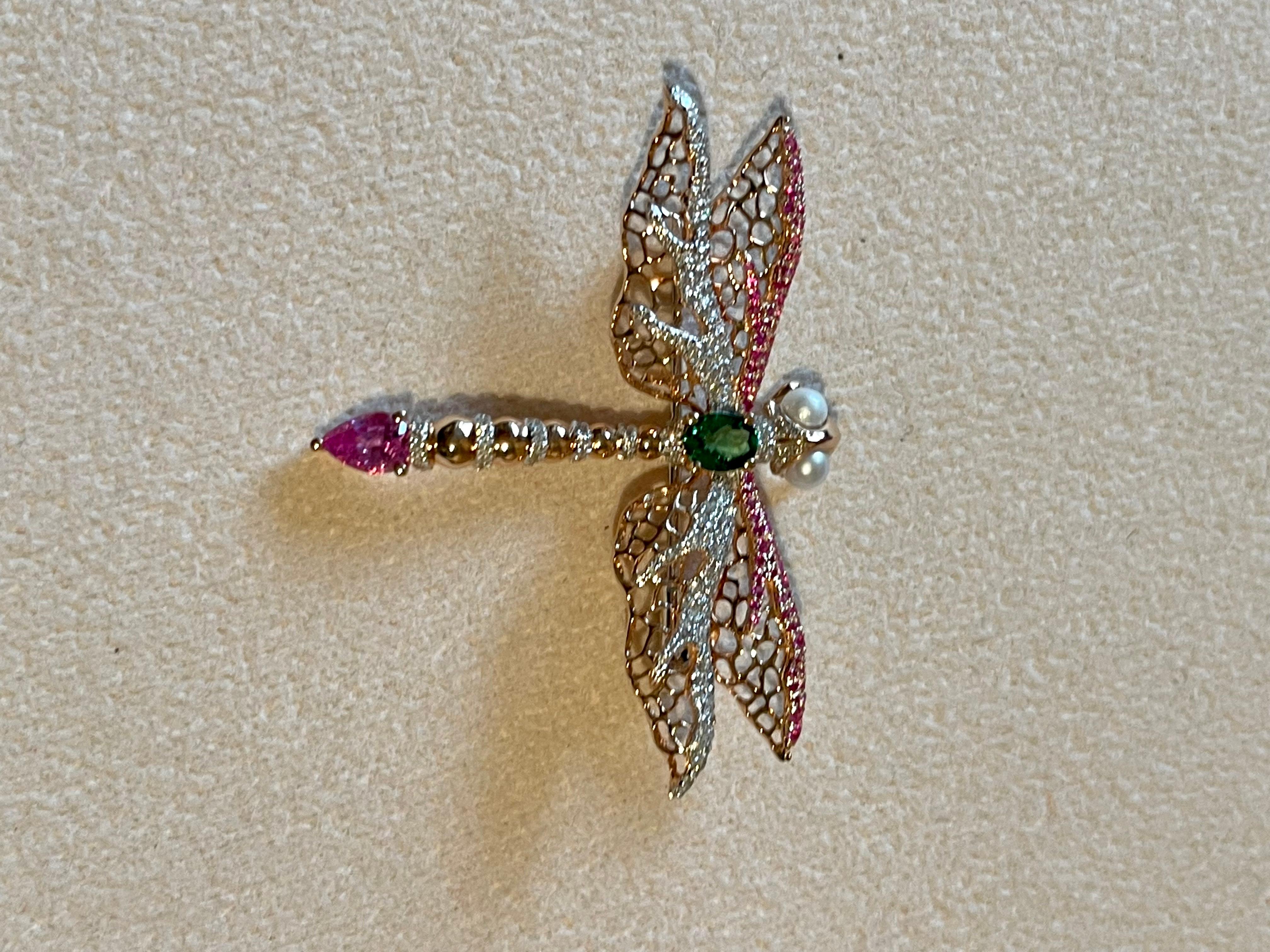 Art Nouveau 18 K rose Gold openwork  Dragonfly brooch pink Sapphire Tsavorite Diamond Pearl For Sale