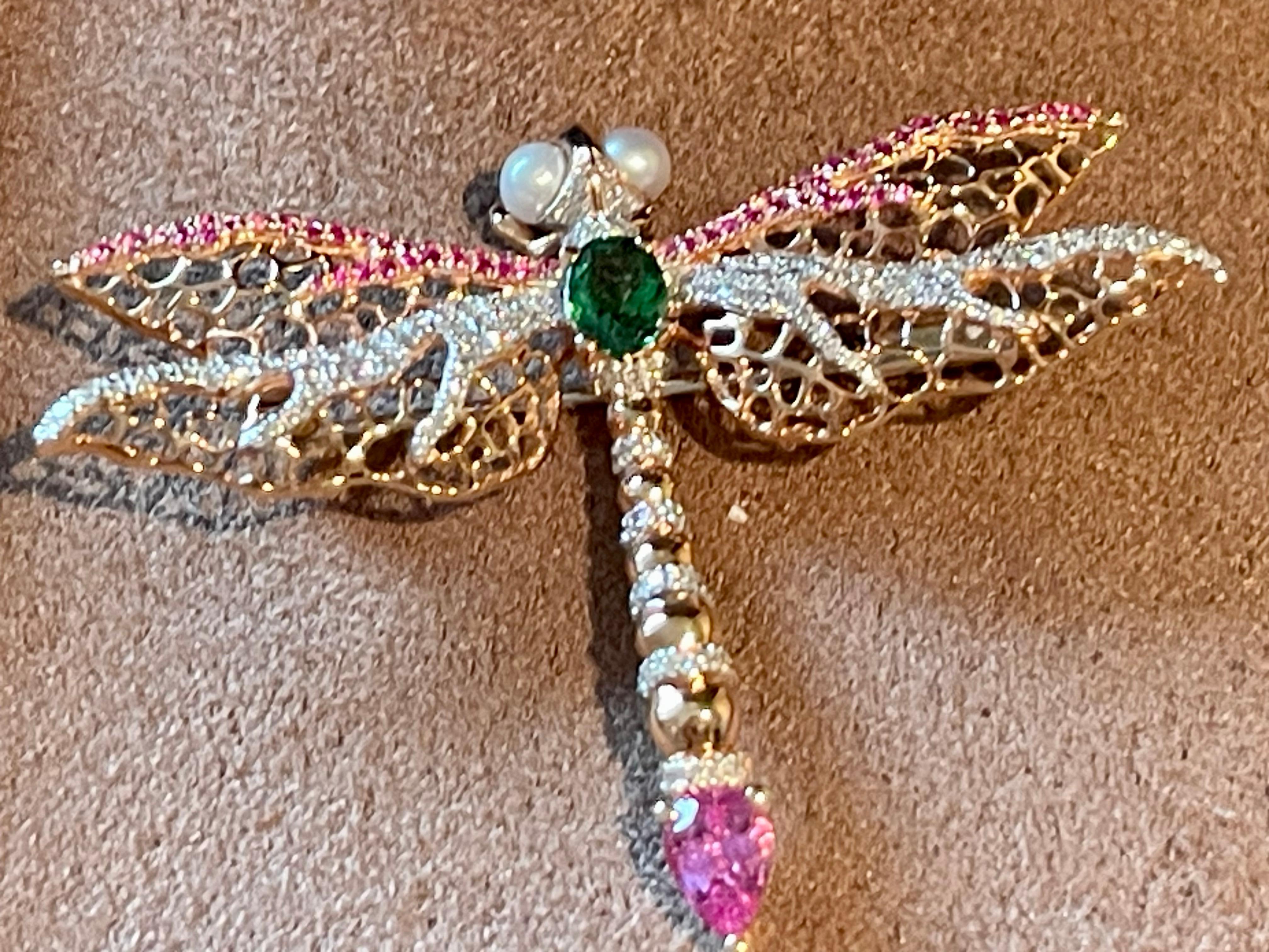 Women's 18 K rose Gold openwork  Dragonfly brooch pink Sapphire Tsavorite Diamond Pearl For Sale