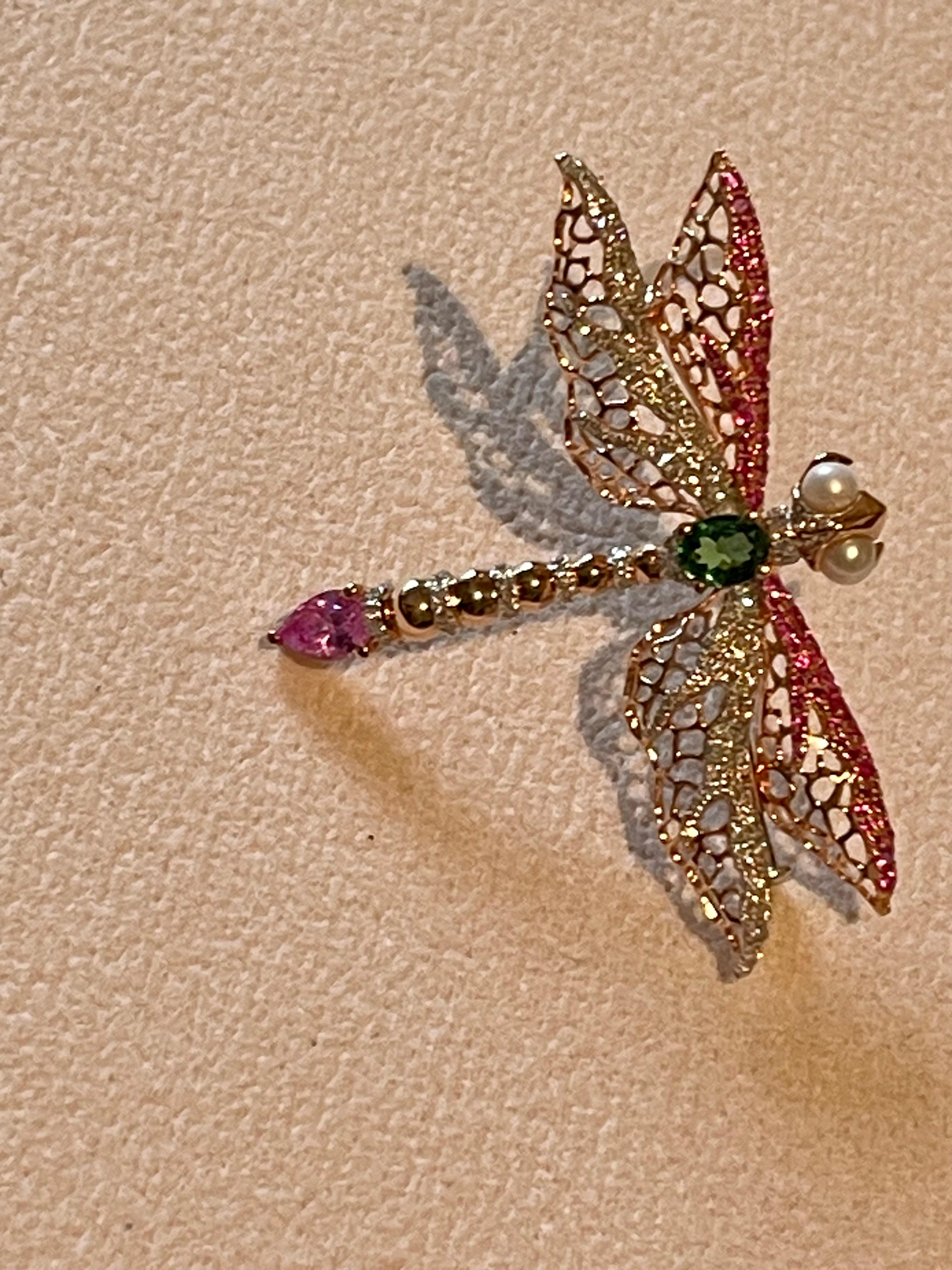 18 K rose Gold openwork  Dragonfly brooch pink Sapphire Tsavorite Diamond Pearl For Sale 1