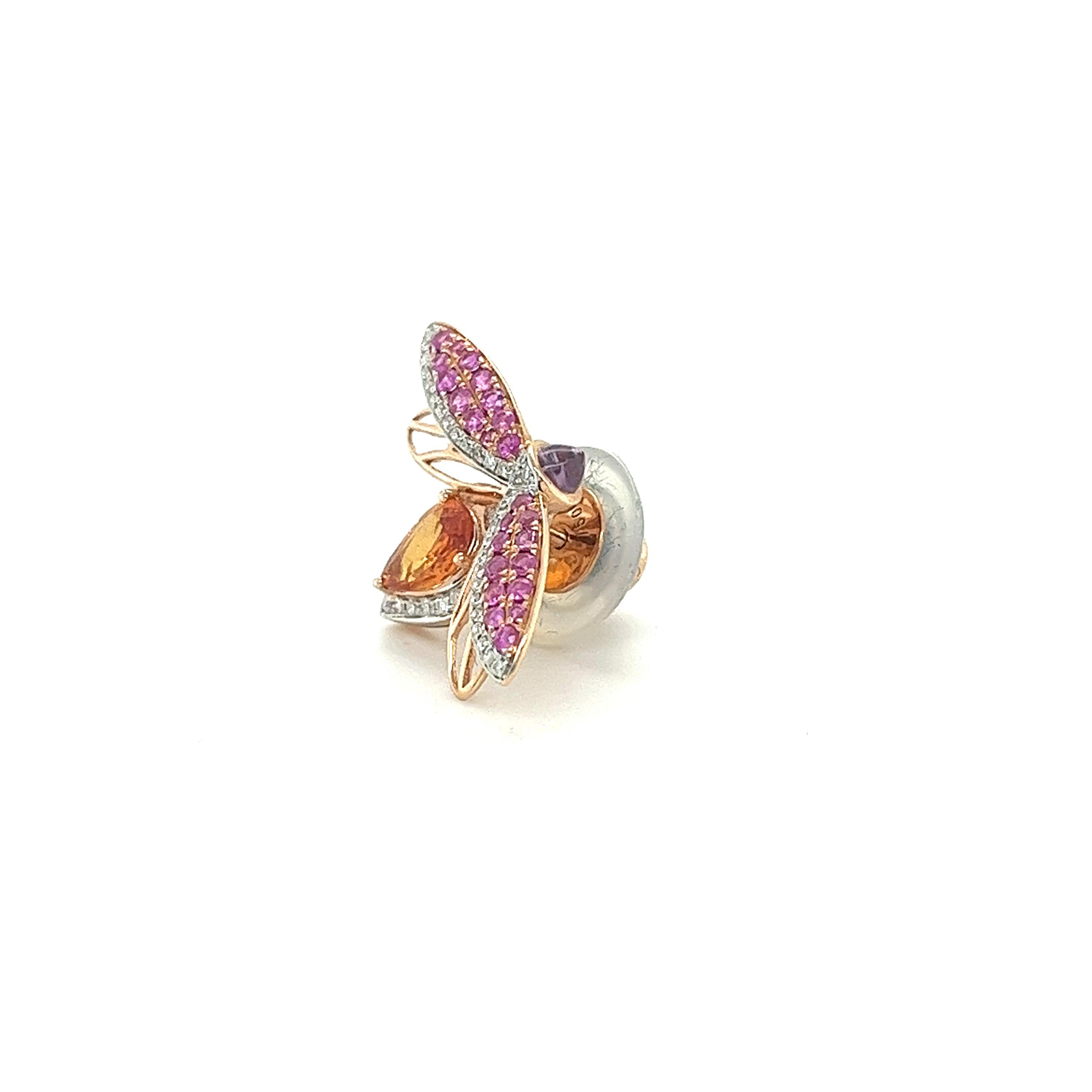 Modern 18K Rose Gold Pink Sapphire Diamonds Bee Brooch For Sale