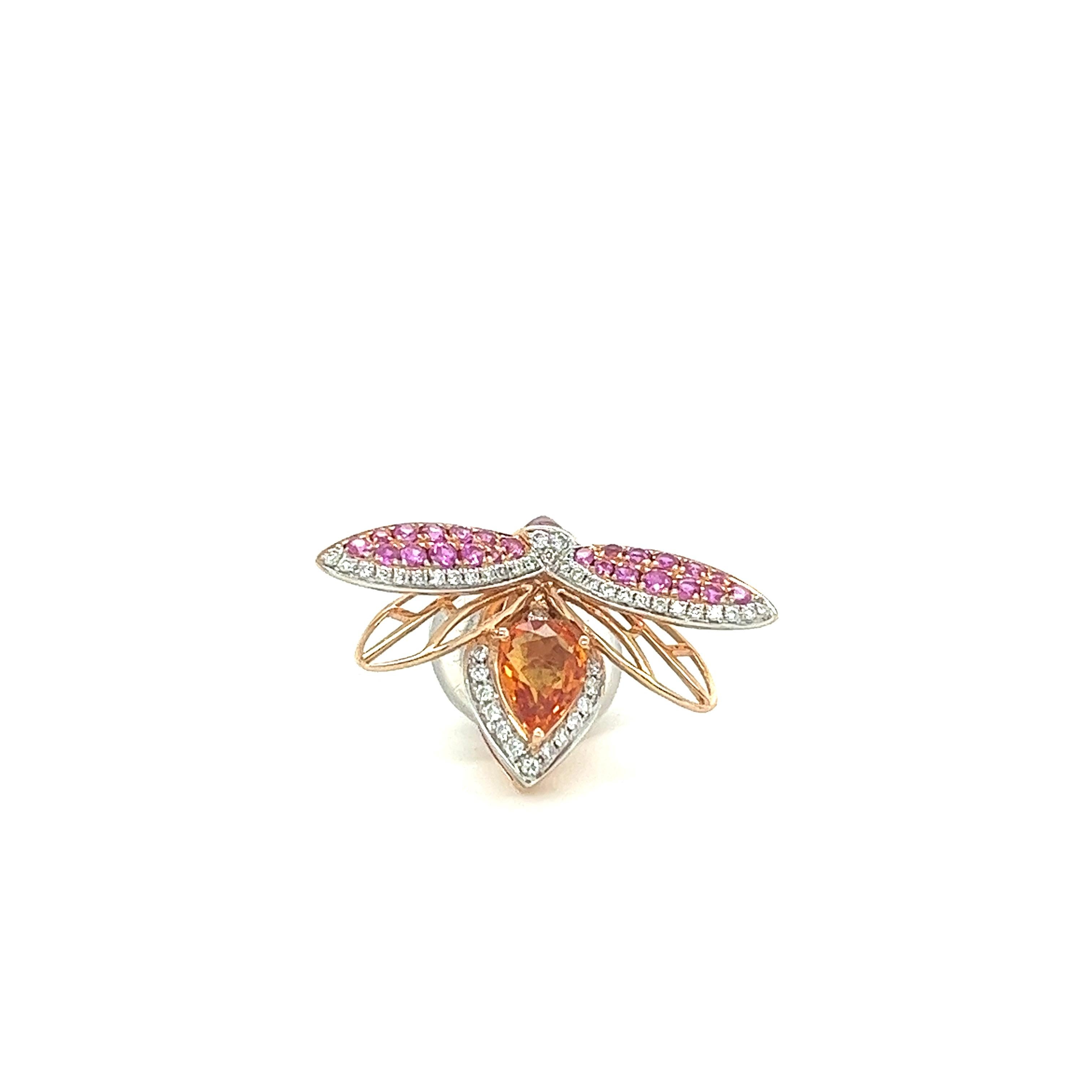 Round Cut 18K Rose Gold Pink Sapphire Diamonds Bee Brooch For Sale
