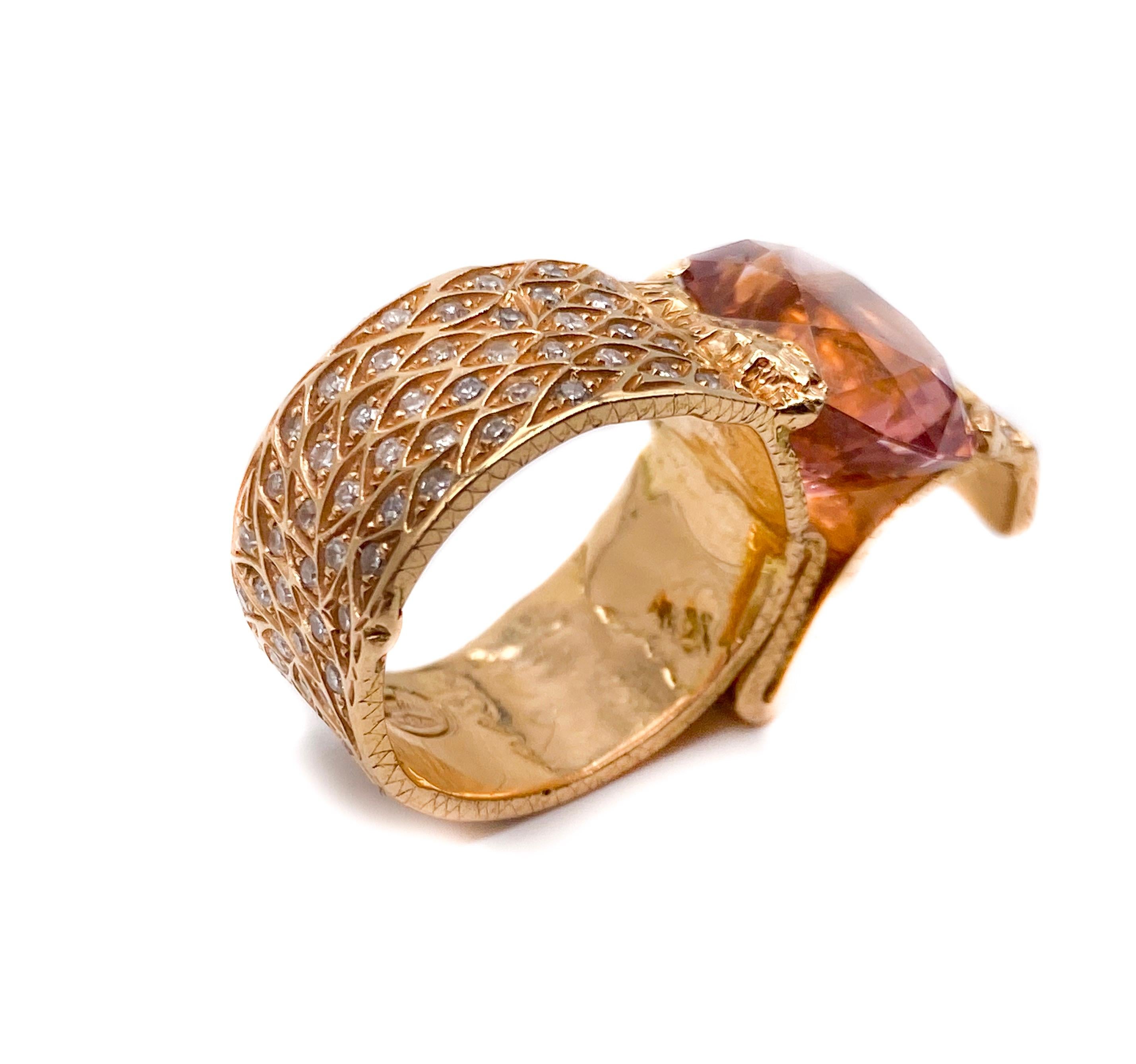 18 k Rose Gold Ring With Red Tourmaline (Ct 12) And Diamonds (Ct.1.36)