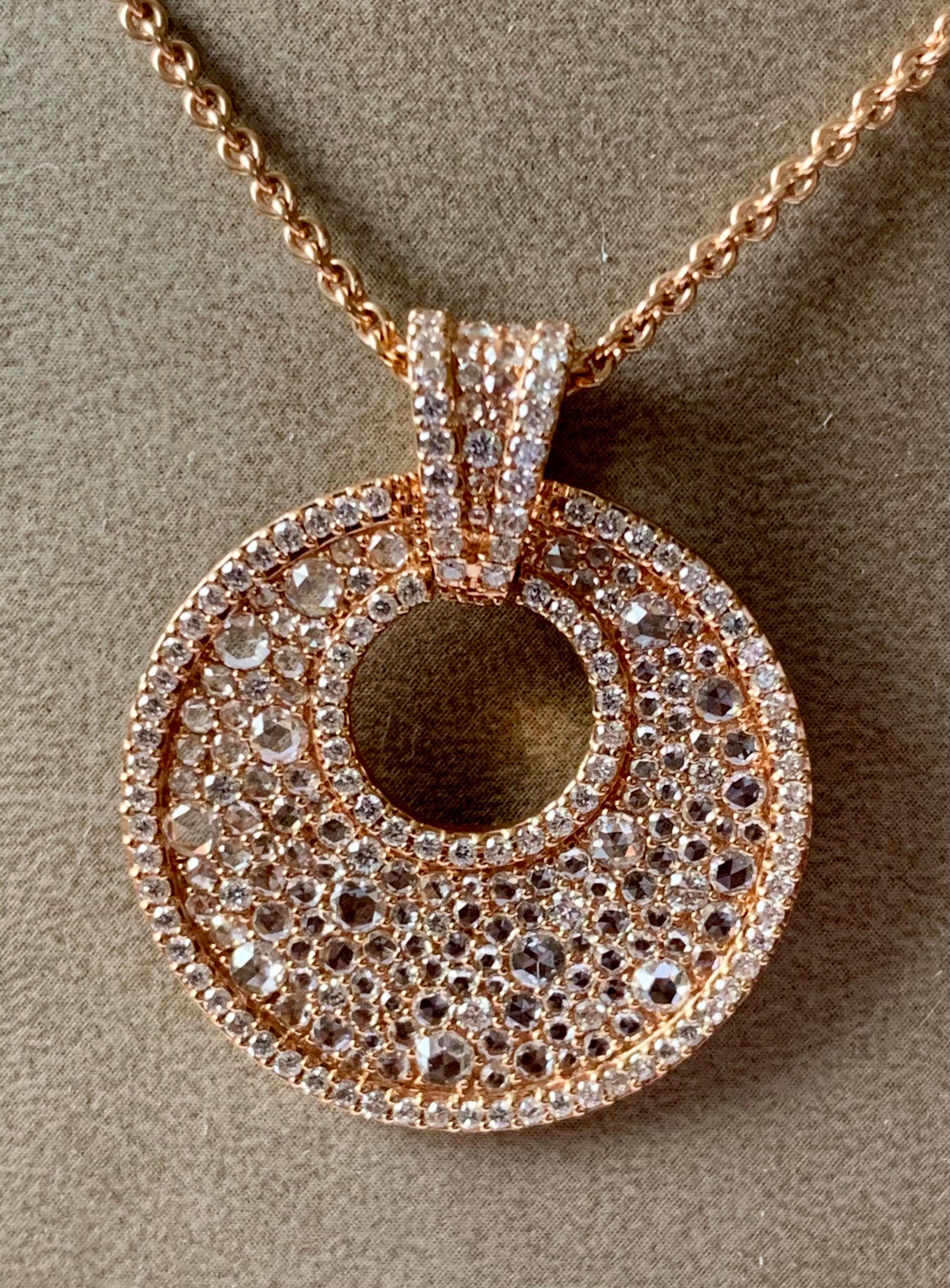 Contemporary 18 K Rose Gold Rose Cut Diamonds Pendant with Chain For Sale