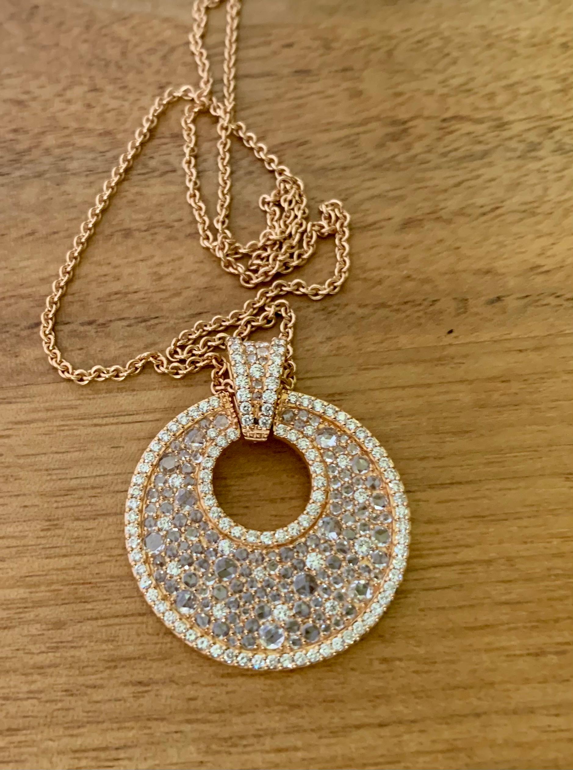 18 K Rose Gold Rose Cut Diamonds Pendant with Chain For Sale 4
