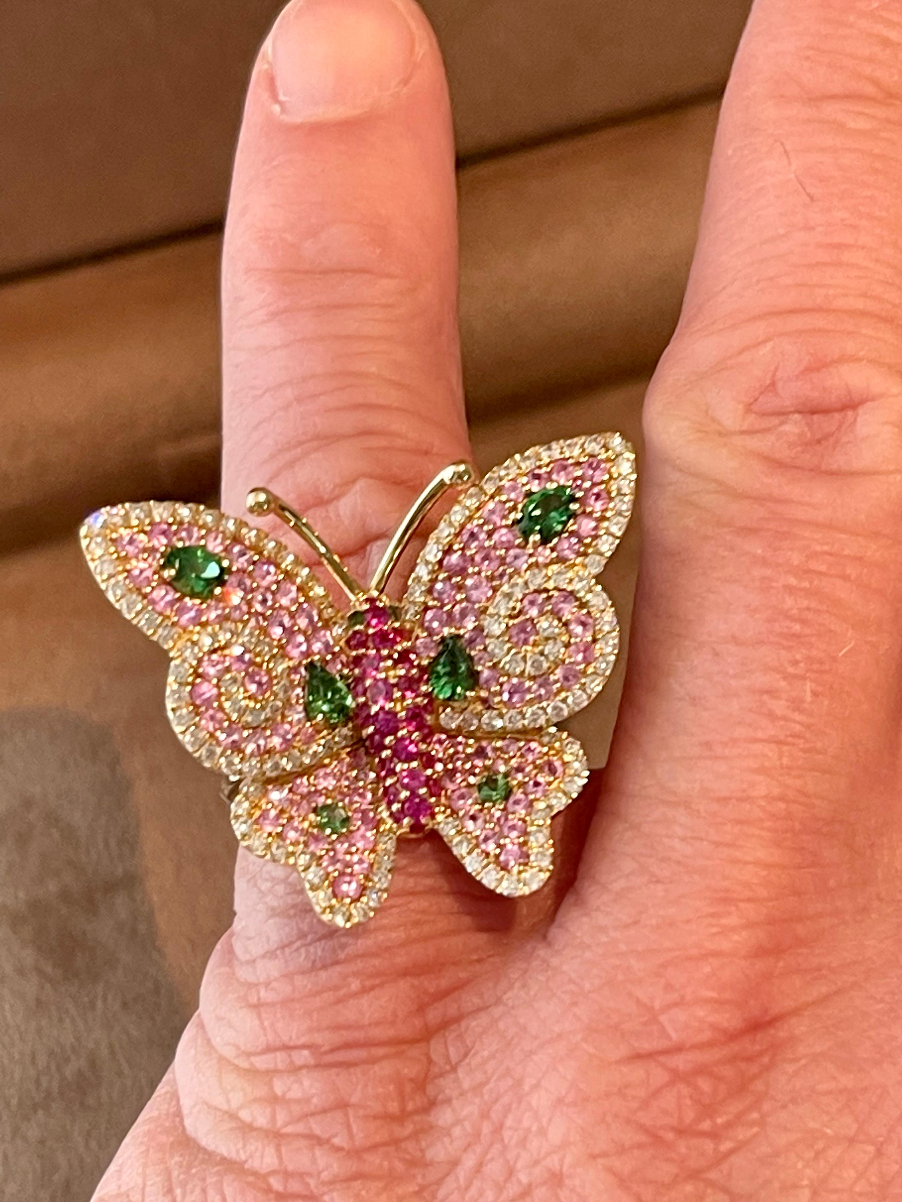 18 K Rose Gold Ruby Diamond Pink Sapphire Tsavorite Butterfly Ring For Sale 4